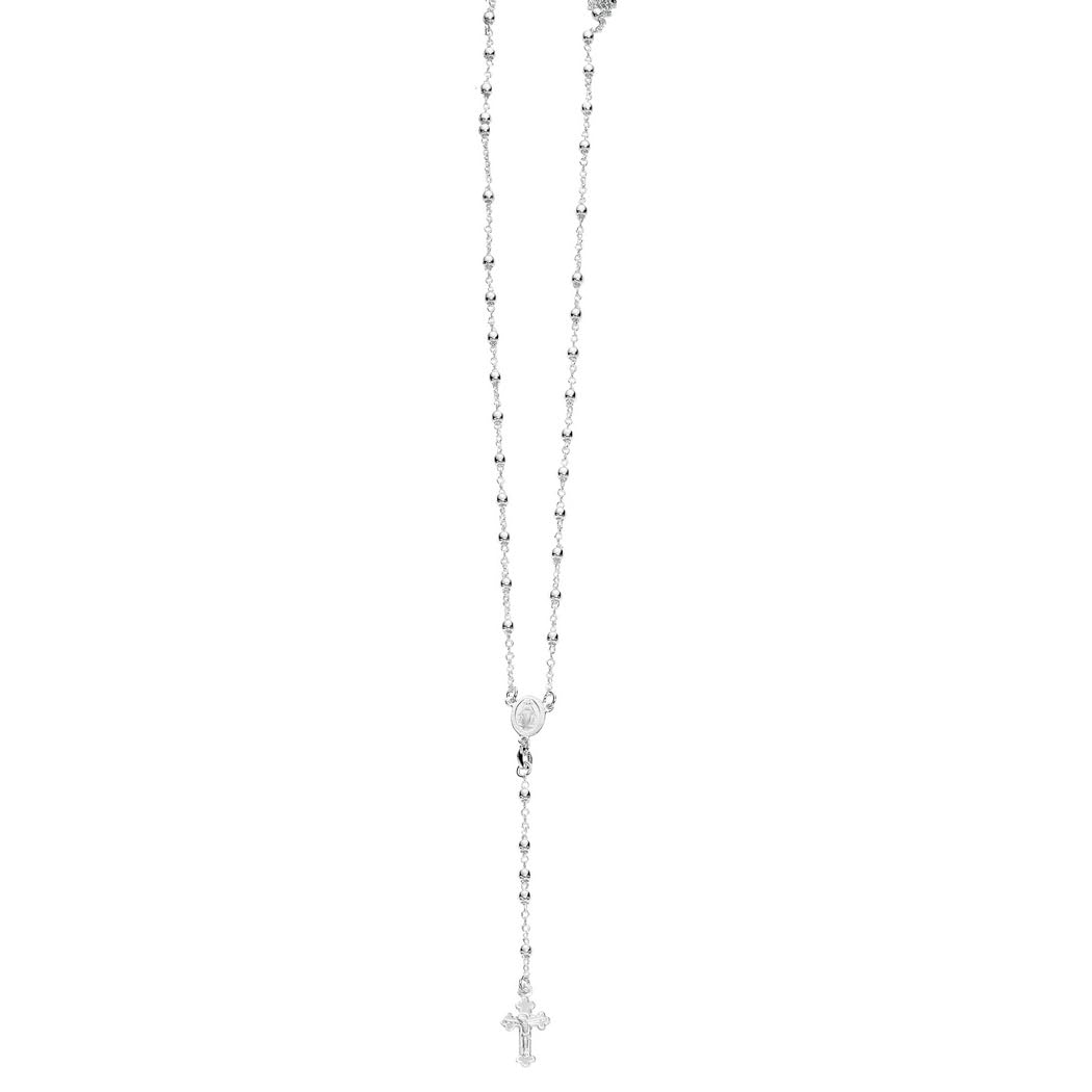 925 Sterling Silver Rhodium Plated 3mm Diamond Cut Rosary Bead Chain Necklace with Religious Cross Pendant - 26 Inch Unisex Jewelry for Women & Men - Perfect for Daily Wear, Gifts & Faith-Based Occasions