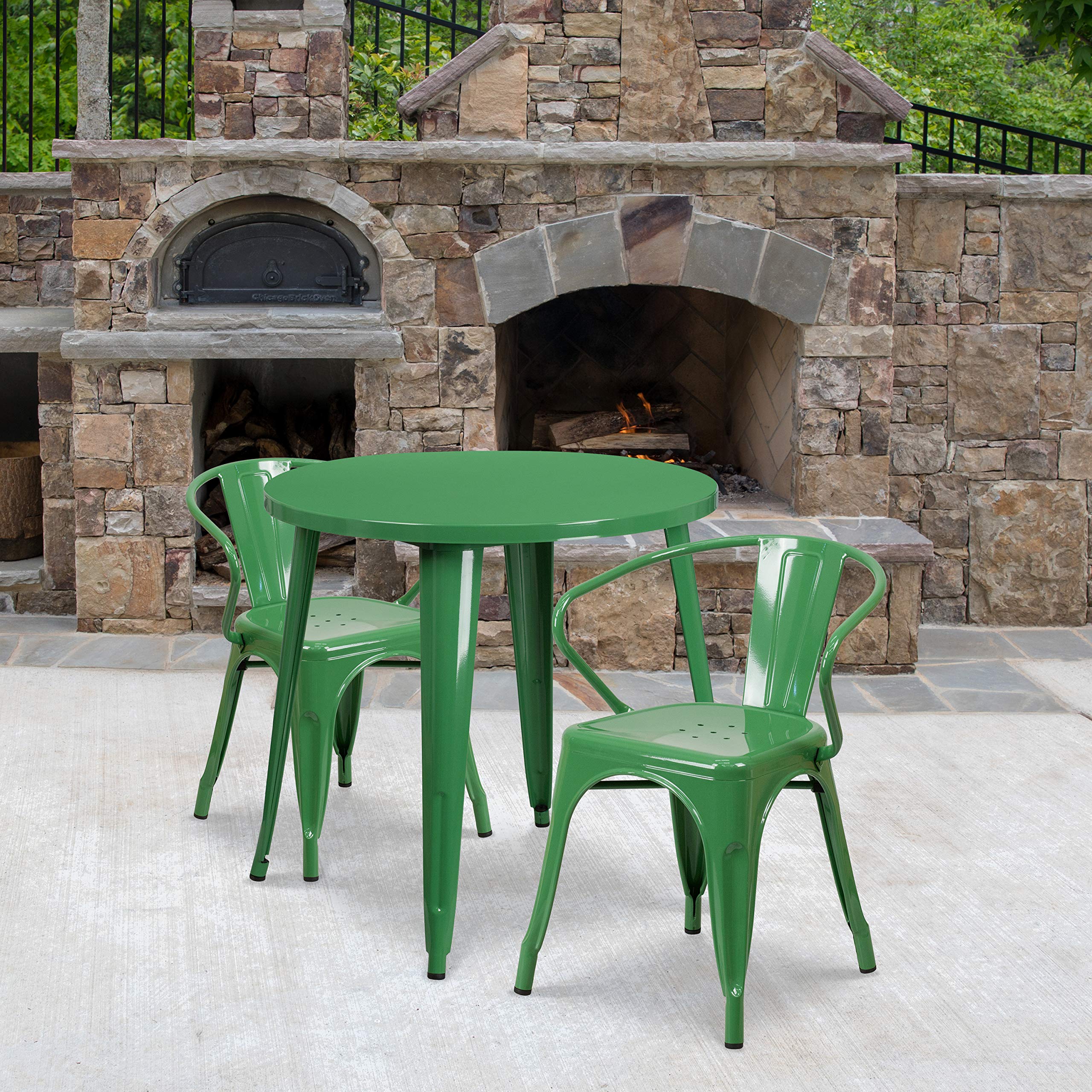 EMMA + OLIVER 30-Inch Round Green Metal Indoor Outdoor Dining Table Set with 2 Arm Chairs - Patio, Garden, Backyard, Restaurant, Cafe Bistro Furniture