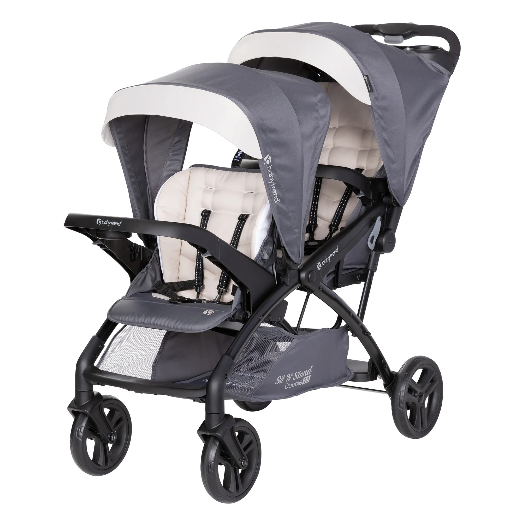Baby Trend Sit N' Stand Tandem Double Stroller 2.0 DLX - Lightweight Convertible Stroller with 5-Point Safety Harness, Adjustable Canopy, 2 Cup Holders & Large Storage Basket - Perfect for Twins, Siblings or Infant & Toddler - Ideal for Shopping, Travel & Daily Walks (Magnolia)