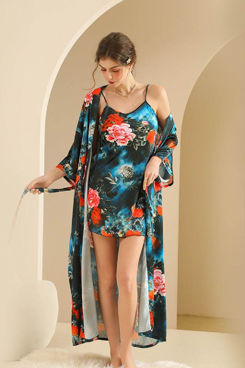 Hand Painted Floral Print Long Women's Robe Set - Soft Cotton Kimono Bathrobe with Pockets - Perfect for Spa, Loungewear, and Relaxing at Home