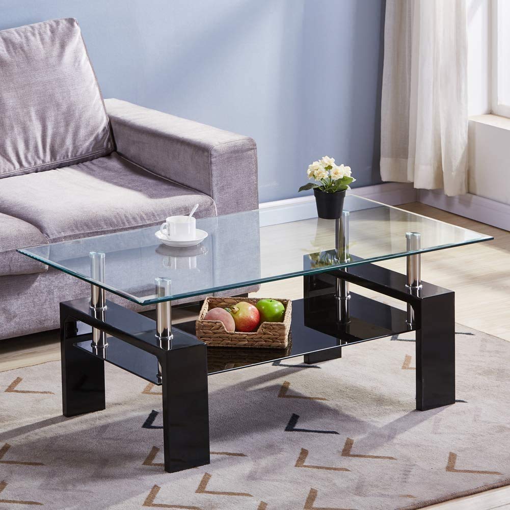 Modern Glass Coffee Table with Metal Frame & 2 Storage Shelves - Rectangle Cocktail Table for Living Room, Clear & Black - Perfect for Small Spaces, Apartments & Home Decor