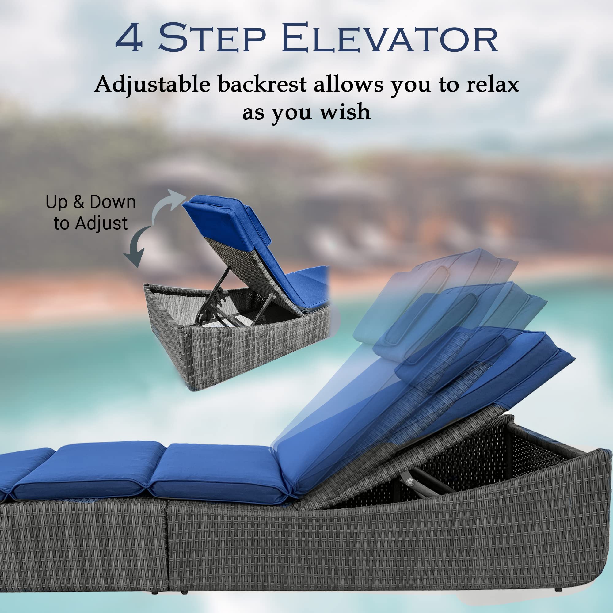 BTEXPERT Outdoor Chaise Lounge Chair - Adjustable Reclining Poolside Sun Lounger with Cushion, Wicker Rattan Patio Furniture - Fully Assembled Space-Saving Folding Design (Blue) - Perfect for Poolside Relaxation, Backyard Lounging & Beach Getaways