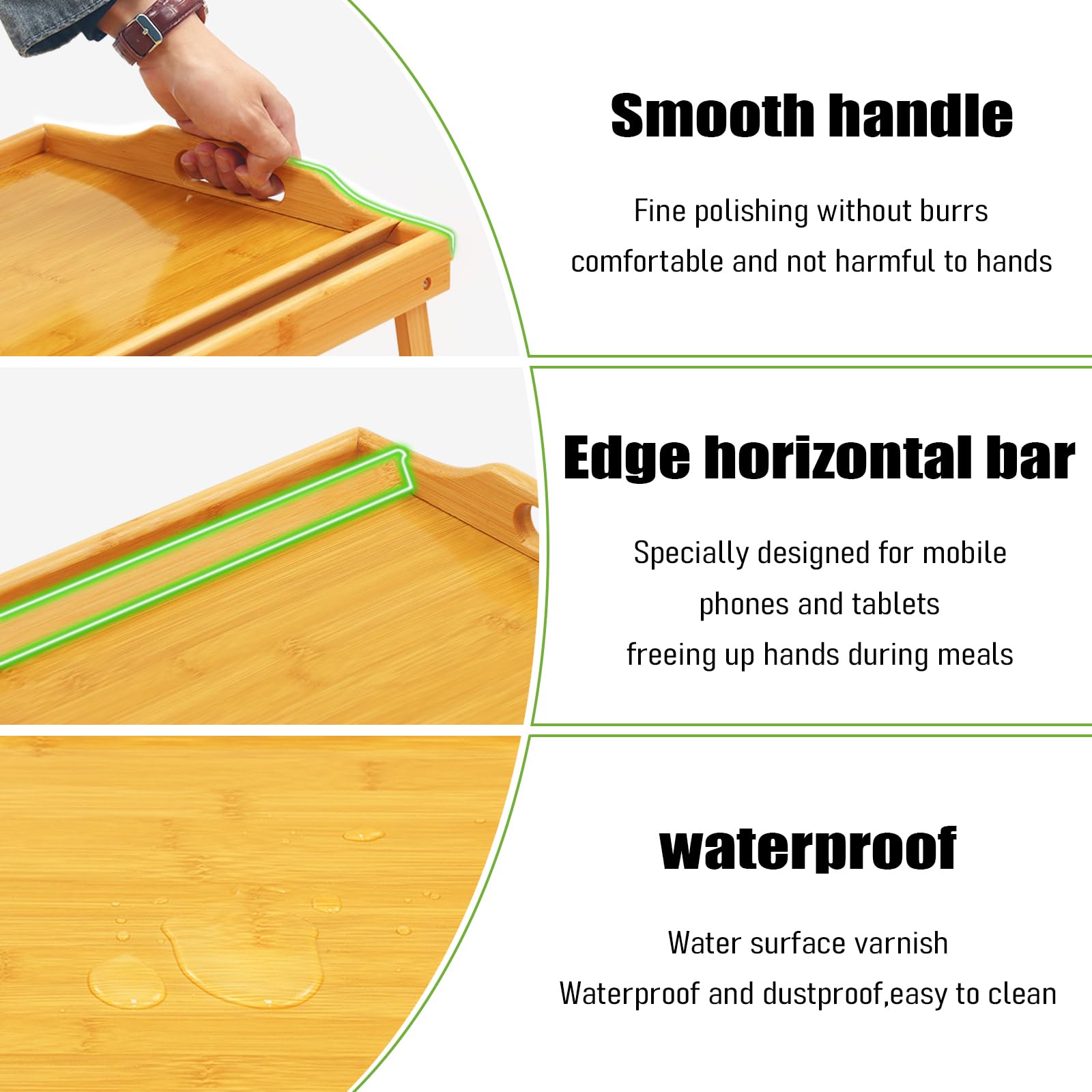 **Foldable Bamboo Bed Tray with Handles & Phone Holder - Portable Breakfast, Laptop, Serving Tray for Bed, Sofa, or Office Use**