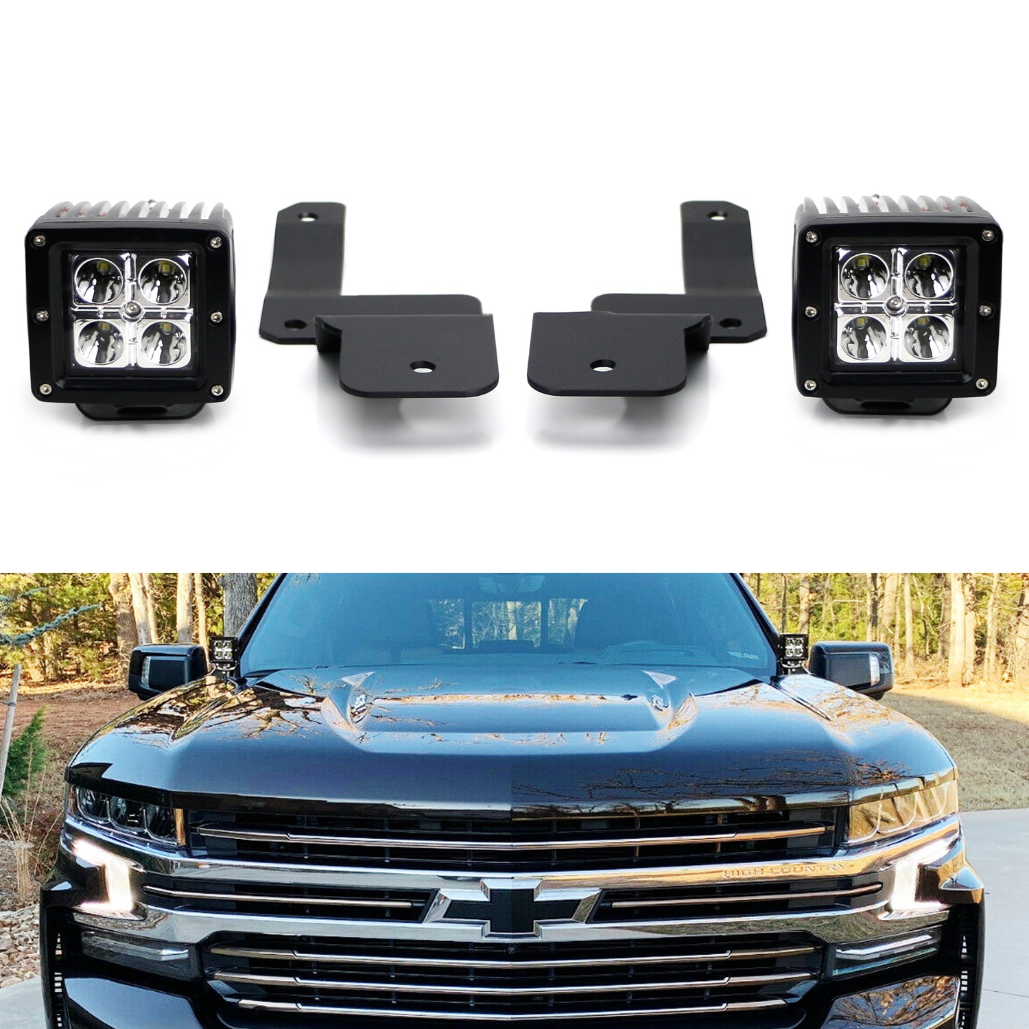 40W CREE LED Pod Lights with A-Pillar Bracket & Wiring Kit for 2019+ Chevy Silverado 1500 - Off-Road, Fog, Work Light for Trucks, ATVs, UTVs