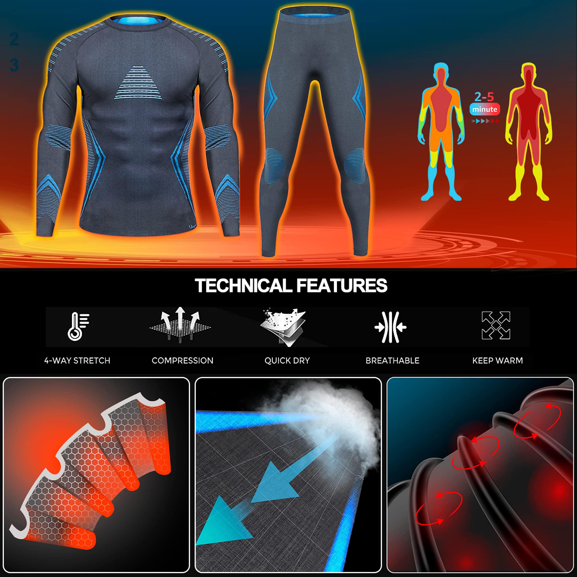 UNIQUEBELLA Men's Thermal Underwear Set - Fleece Lined Long Johns Top & Bottom, Quick Drying Base Layer for Cold Weather - Perfect for Winter Sports, Hiking & Outdoor Activities