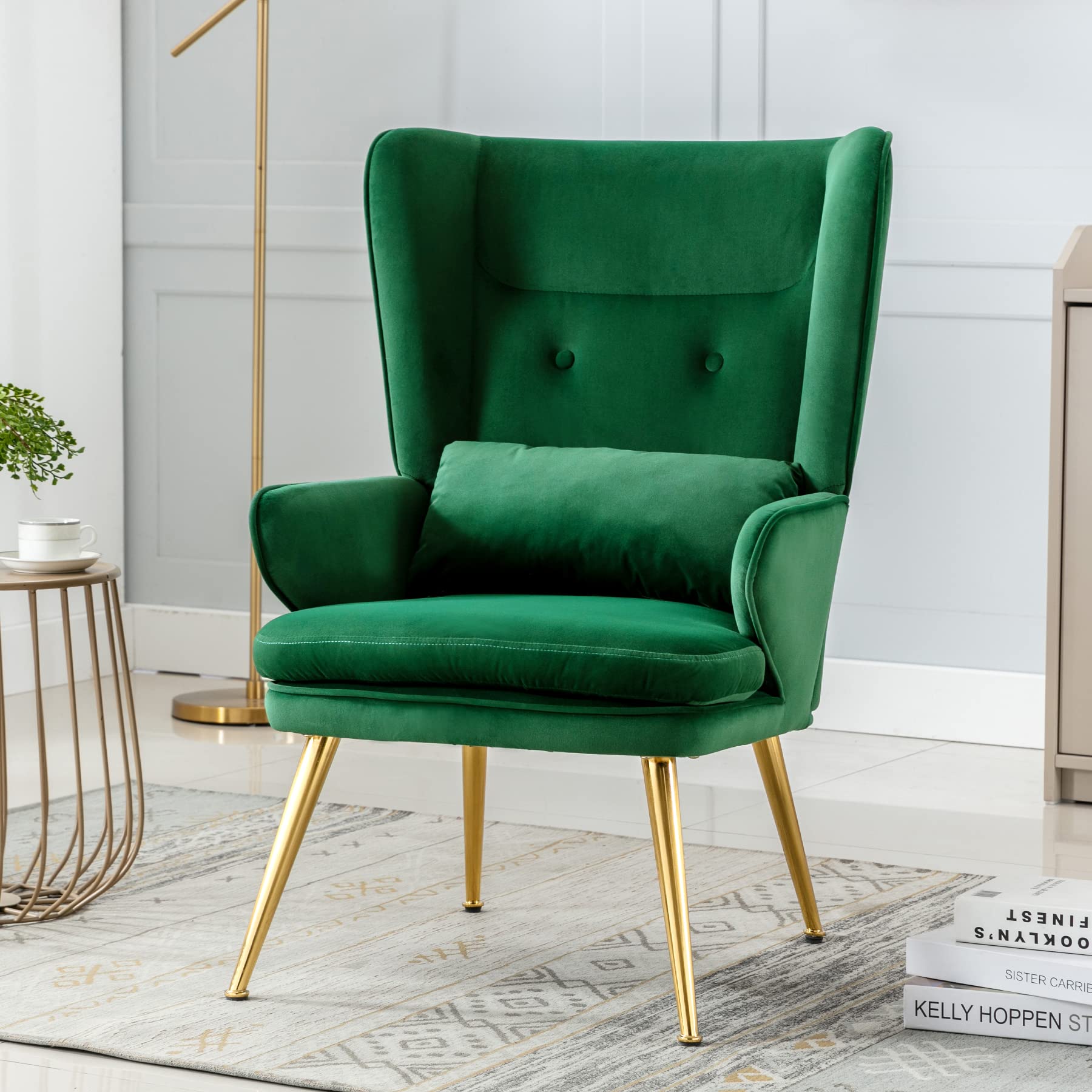 Luxury Wingback Accent Chair - Button Tufted Velvet Armchair with Golden Legs & Lumbar Pillow | Mid-Century Modern Vanity Leisure Chair for Living Room, Bedroom, Office | Comfortable Lounge Chair with Backrest - Elegant Green Home Decor