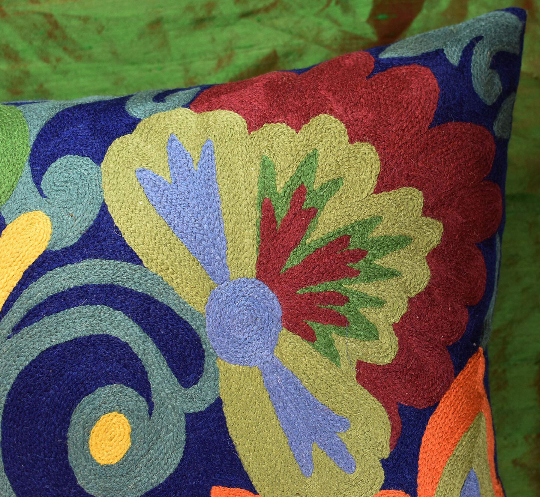 Blue Floral Pillow Cover 18x18 - Navy Flower Throw Pillow & Hand Embroidered Suzani Cushion for Sofa, Bed, Outdoor Chair | Boho Home Decor & Living Room Accent Pillow