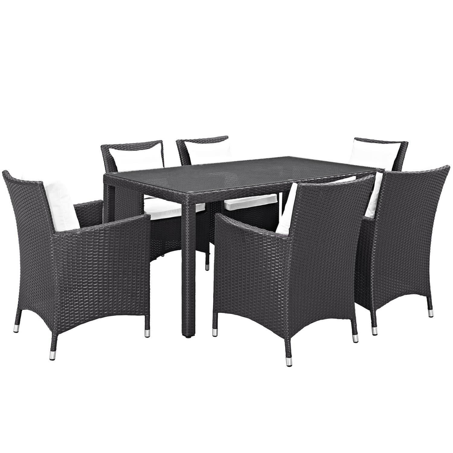 Modway Convene 7-Piece Outdoor Dining Set - Wicker Rattan Patio Furniture in Espresso & White - Perfect for Backyard, Garden, Poolside & Outdoor Entertaining