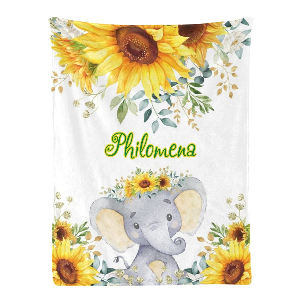 Custom Personalized Baby Blanket with Elephant & Sunflower Design - Soft Fleece Nursery Throw Blanket 30
