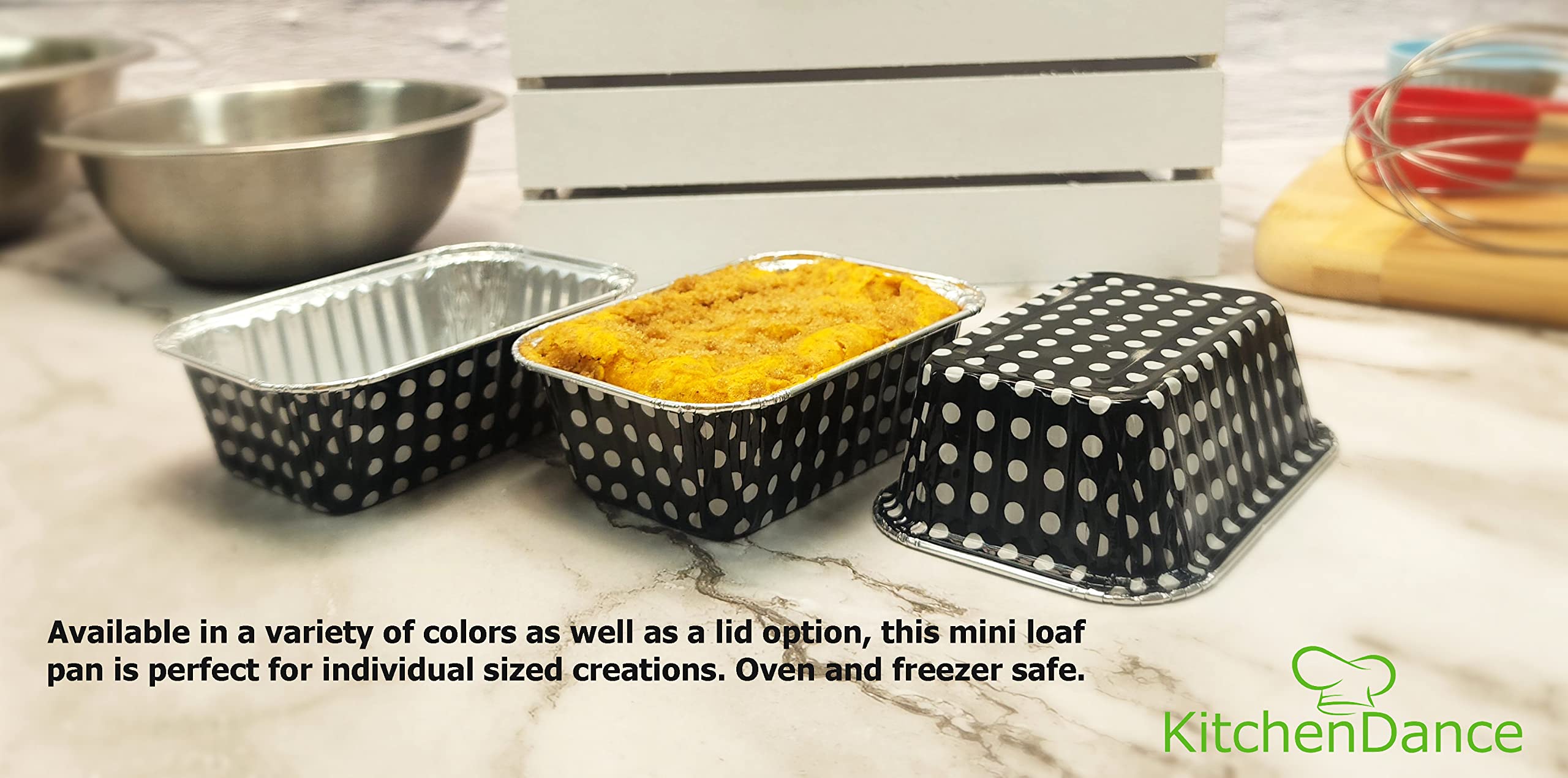 KitchenDance 6 oz Disposable Aluminum Mini Loaf Pans (Set of 12) - Perfect for Baking, Meal Prep & Party Favors - Choose Your Color & Lid Options #4004