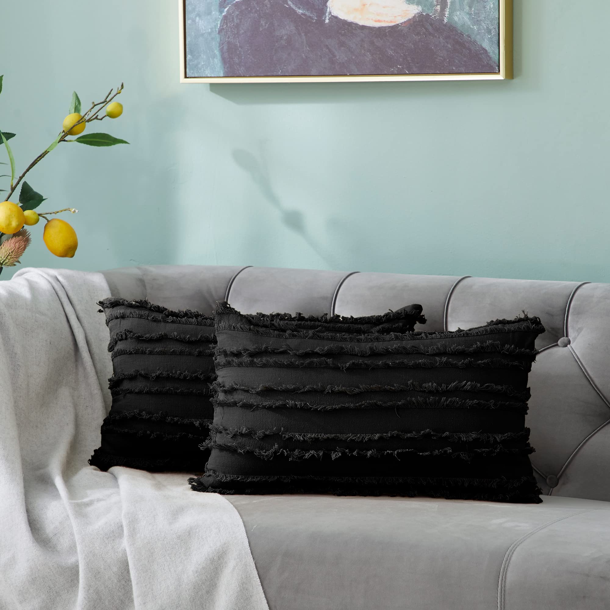 Premium Black Throw Pillow Covers for Couch, Sofa & Bed - 12x20 Inch Cotton Linen Decorative Cushion Covers (Set of 2) - Perfect for Living Room, Bedroom & Home Decor