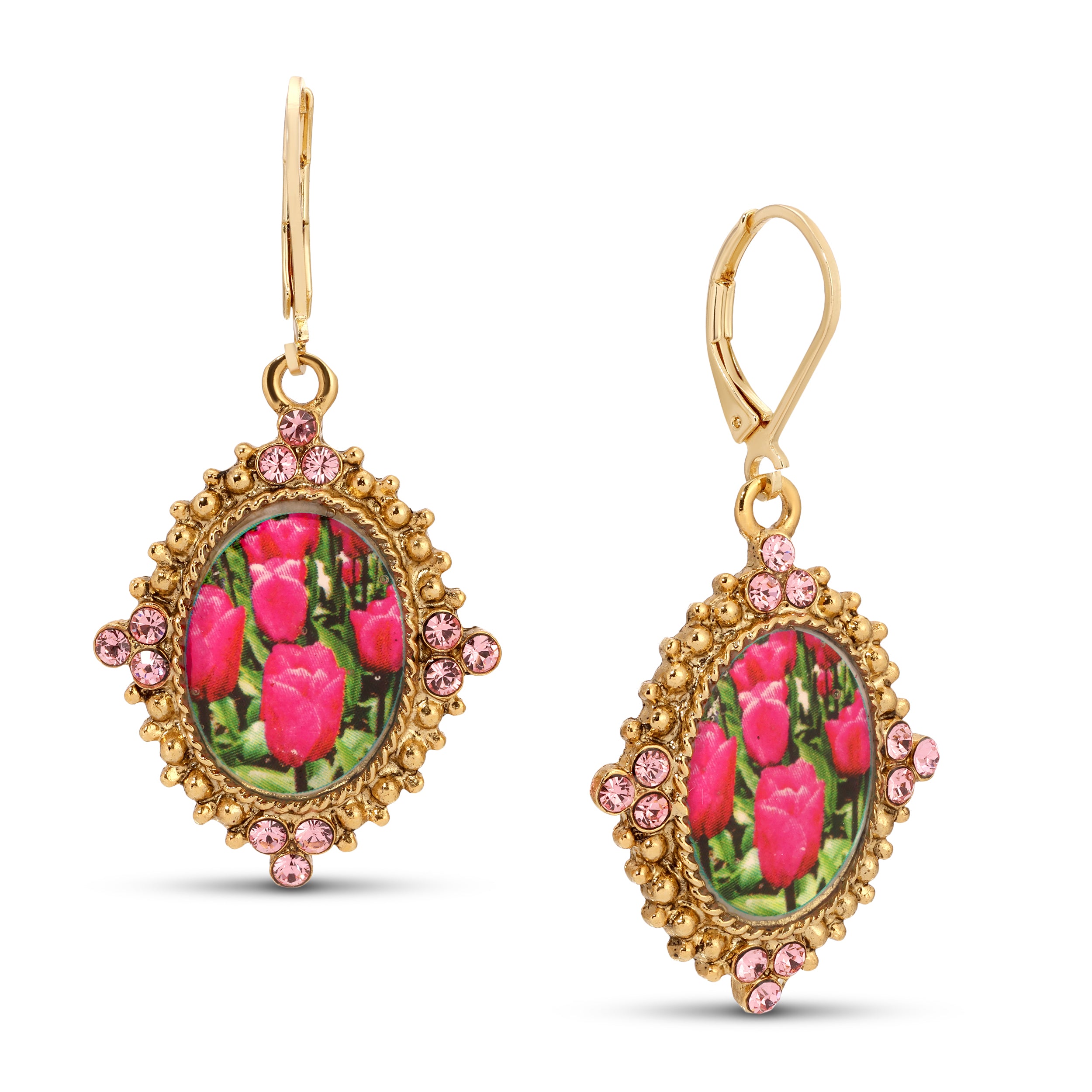 1928 Jewelry Blooming Pink Tulips & Crystals Drop Earrings - Vintage Floral Dangle Earrings for Women - Perfect for Weddings, Parties & Special Occasions