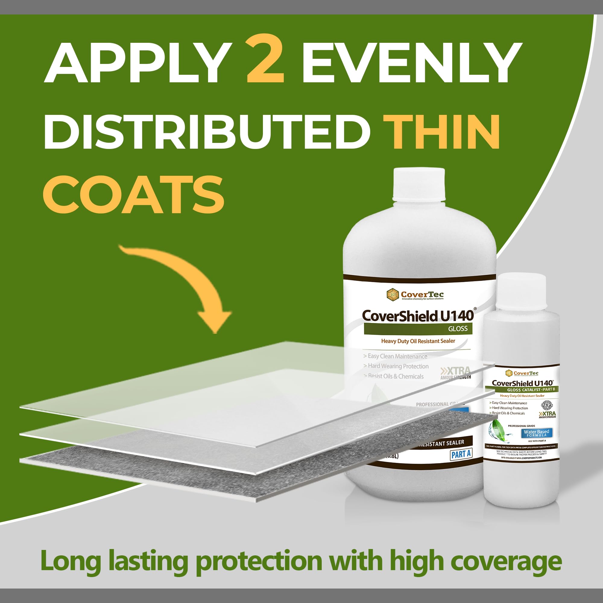 CoverShield U140 Gloss Hard Surface Flooring Sealer - Professional Grade 2-Part Kit (1 Quart) | Stain & Wear Resistant | Ideal for Wood, Concrete & Tile Floors in Homes, Offices & Commercial Spaces