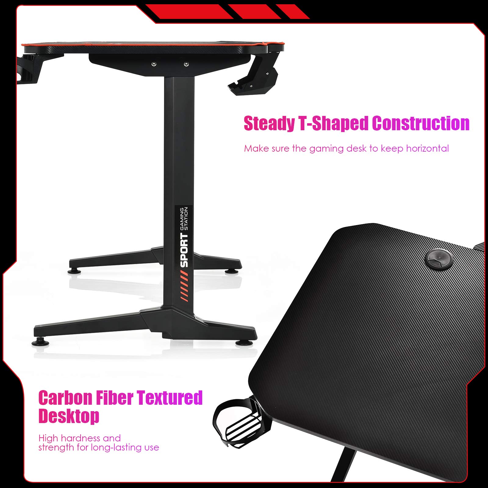 POWERSTONE 55 Inch Gaming Desk - Ergonomic Racing Style Computer Desk with Large Mouse Pad, USB Ports, Cup Holder & Headphone Hook - Perfect for PC Gaming Setup, Streaming & Home Office Workstation