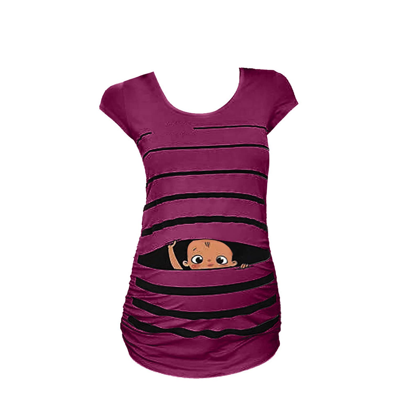 Funny Maternity T-Shirt with Baby Print & Stripes - Purple Short Sleeve Pregnancy Top for Women | Perfect for Casual Wear, Baby Showers & Pregnancy Photos