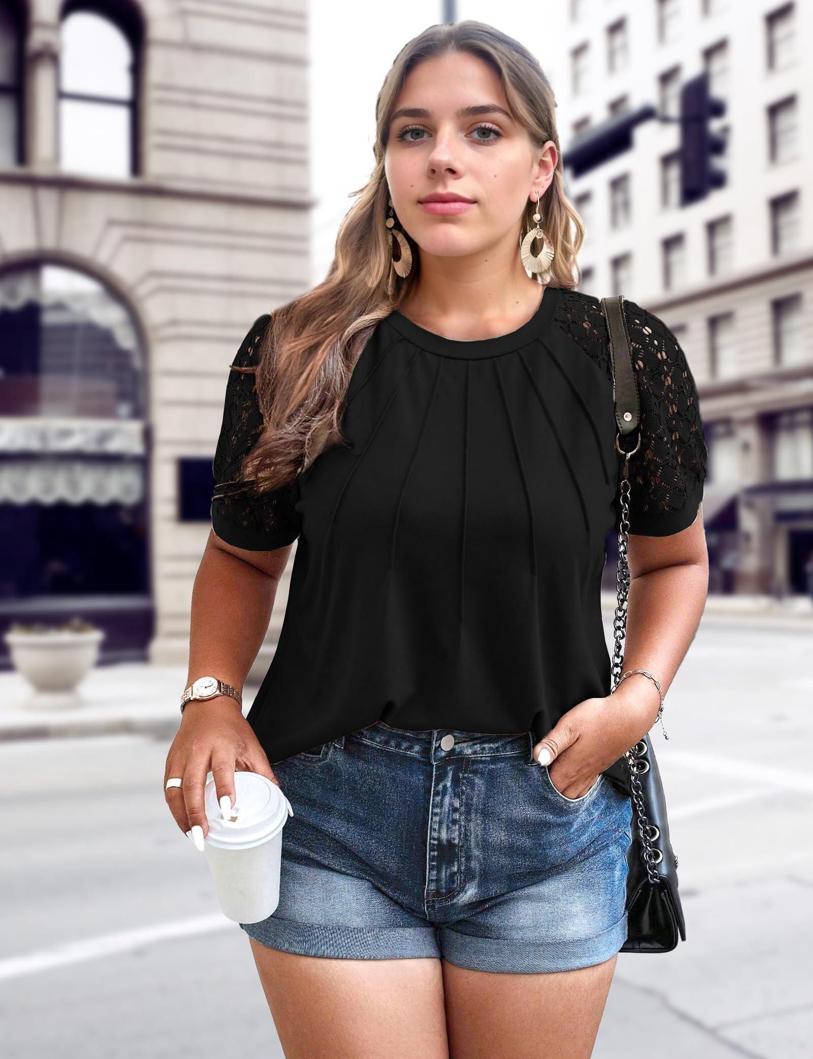 AURUZA Women's Business Casual Work Shirts - Pleated Lace Short Sleeve Blouses & Dressy Tops for Office, Summer Outfits & Professional Wear