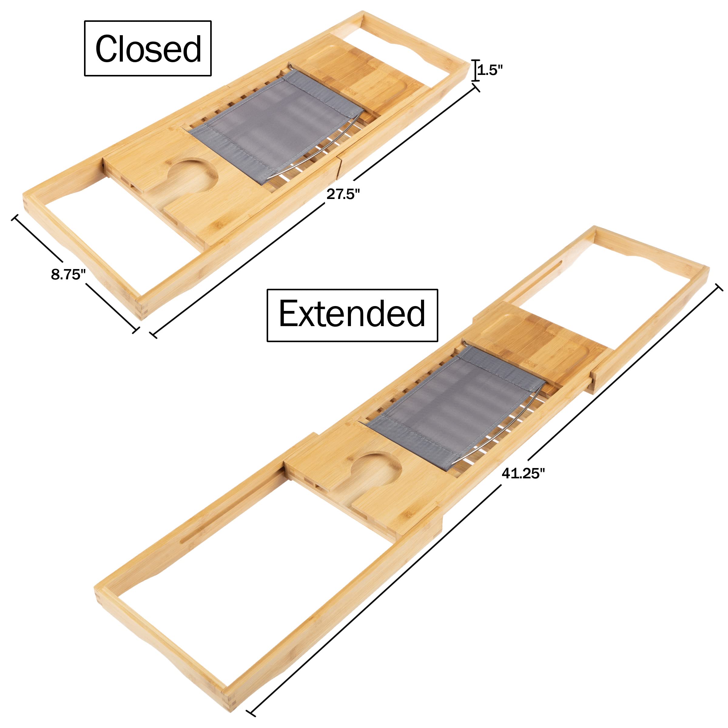 Expandable Bamboo Bathtub Tray Set of 2 - Natural Wood Bath Caddy with Cup Holder & Book/Phone/Tablet Stand | Perfect for Relaxing Baths, Spa Days & Reading in the Tub