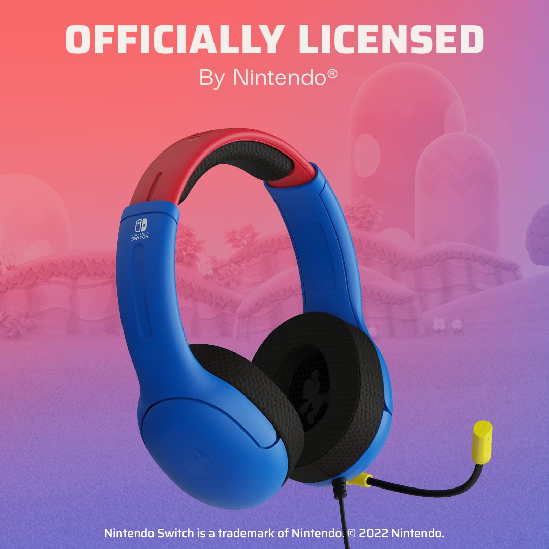 PDP Gaming AIRLITE Stereo Headset with Noise Cancelling Mic for Nintendo Switch/Switch Lite/OLED - Lightweight Wired Gaming Headphones with 3.5mm Jack, Soft Ear Cushions (Mario Dash Blue) - Perfect for Gaming, Online Classes & Remote Work