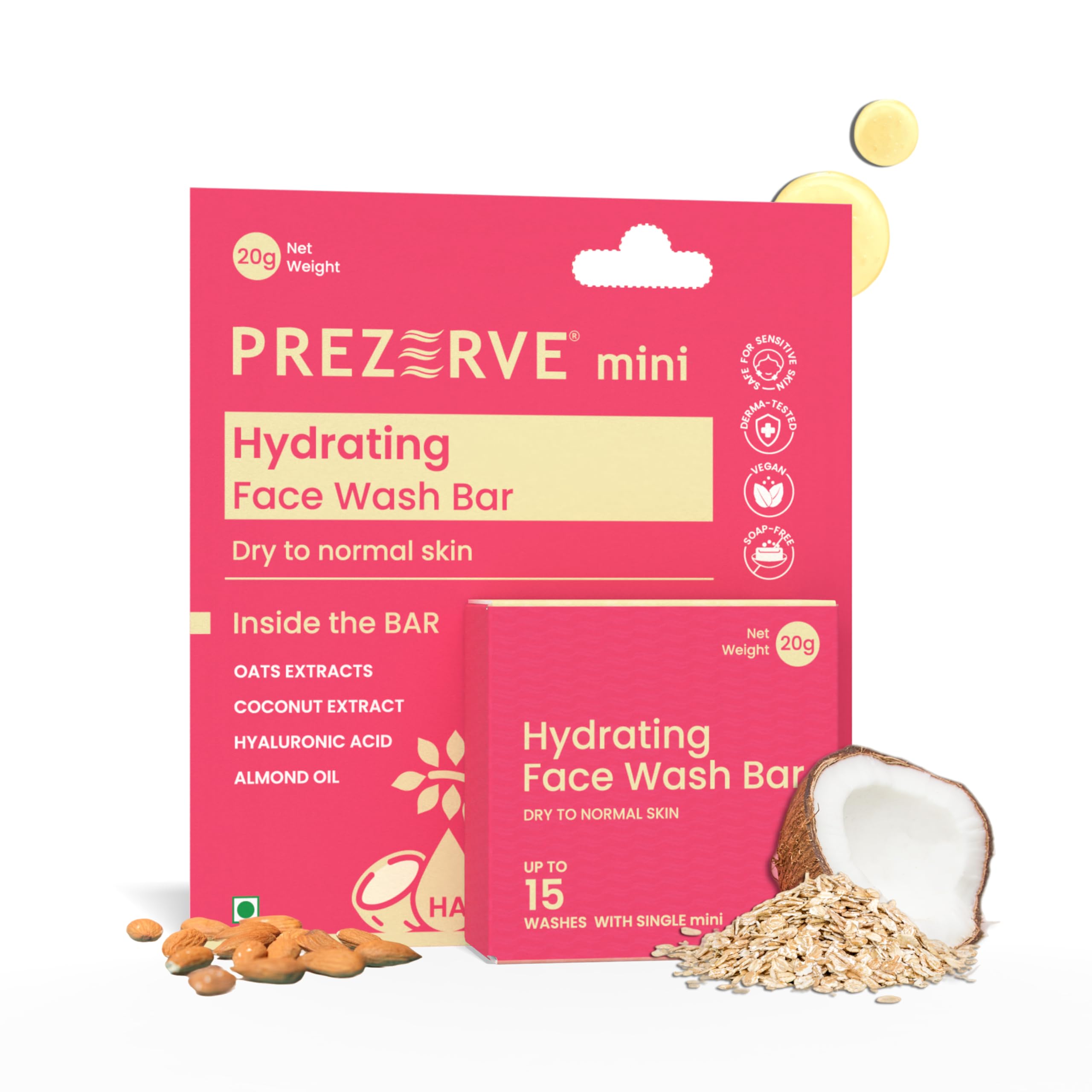Prezerve Mini Hydrating Face Wash Bar for Dry to Normal Skin - pH Balanced Vegan Cleansing Bar with Oats, Coconut Extract, Hyaluronic Acid & Almond Oil - Sulfate & Paraben Free, Soap Free - 20g Travel Size | Perfect for Daily Skincare Routine, Gym Bag & On-the-Go Use