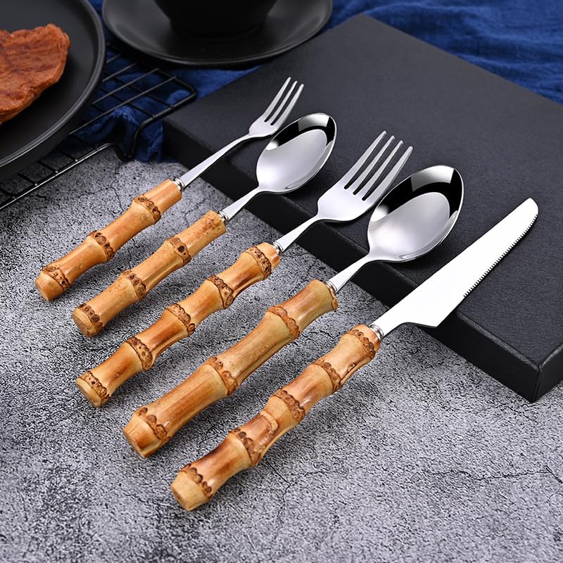 Premium 30-Piece Bamboo Handle Stainless Steel Cutlery Set for 6 - 18/8 Dishwasher Safe Flatware Set with Natural Wooden Utensils | Elegant Dining, Wedding Registry & Eco-Friendly Kitchen Essentials