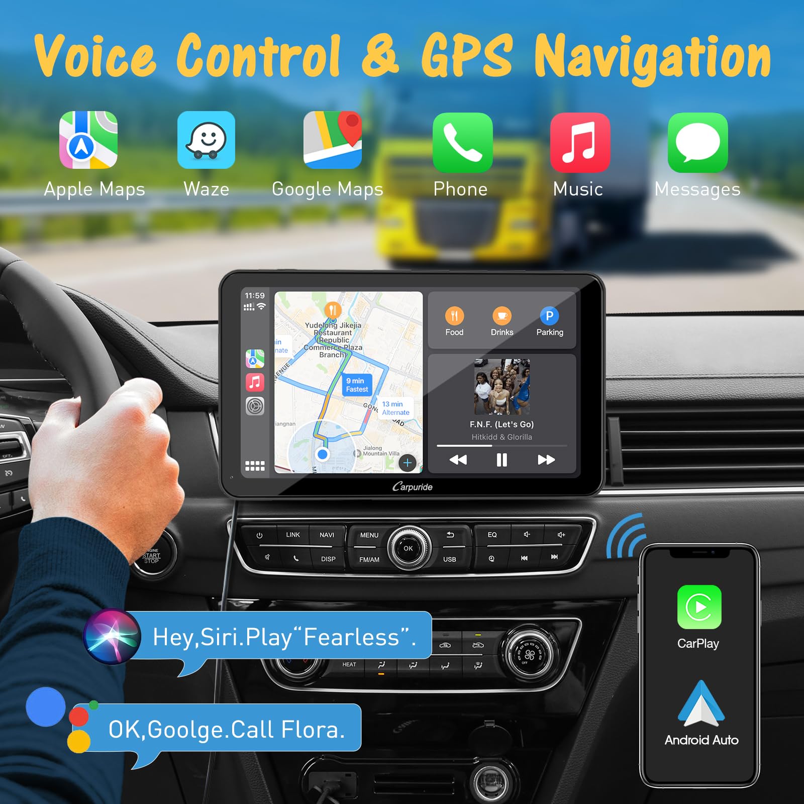 Carpuride W701 Pro Portable Bluetooth Car Stereo - Wireless Apple CarPlay & Android Auto, Backup Camera, Dual Bluetooth, Mirror Link, GPS, Siri, FM Radio - Truck & Car Dashboard Mount for Hands-Free Driving & Navigation