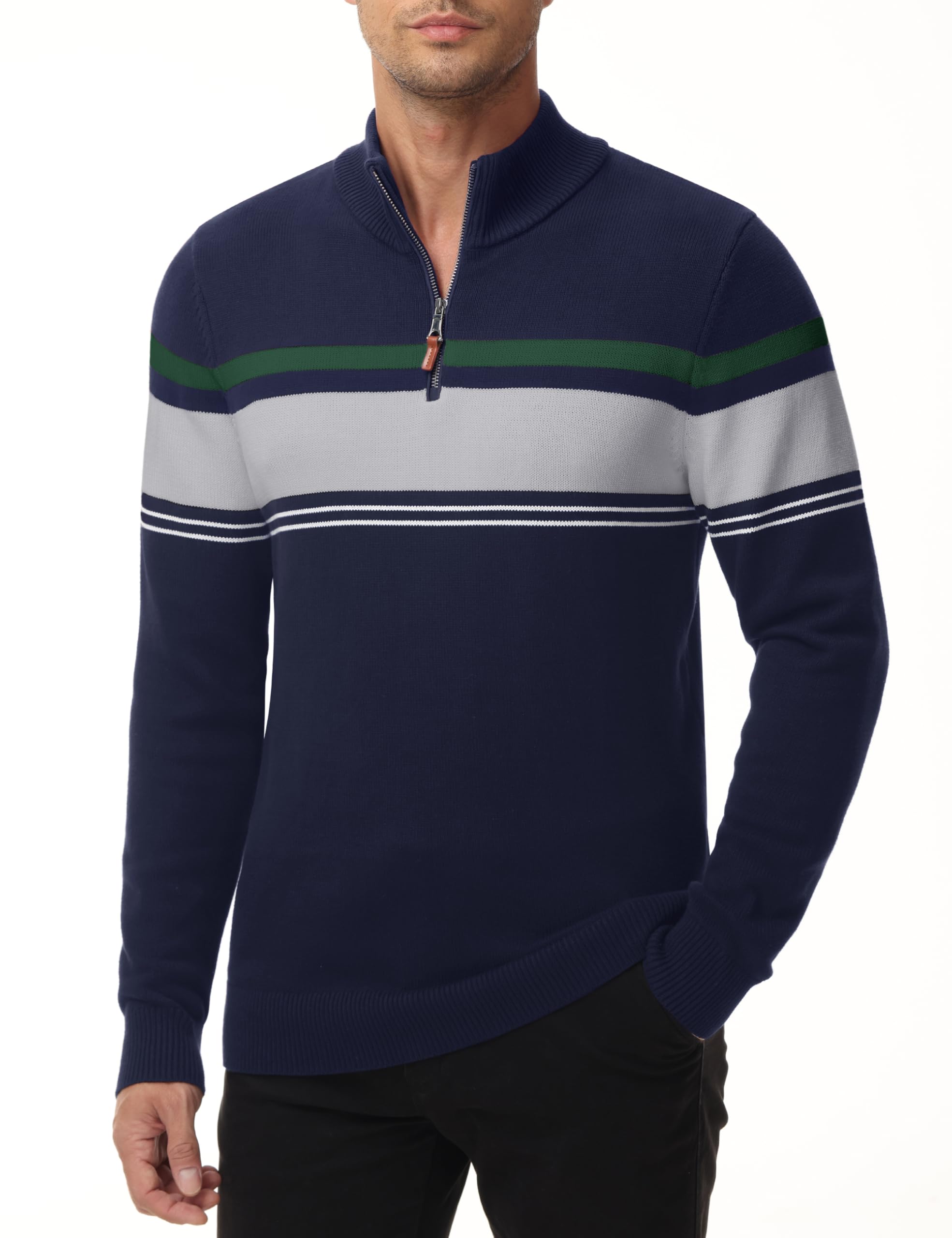 MAGNIVIT Men's Quarter Zip Striped Sweater Pullover - Color Block Polo Sweatshirt for Fall Winter Spring | Casual Wear & Outdoor Activities