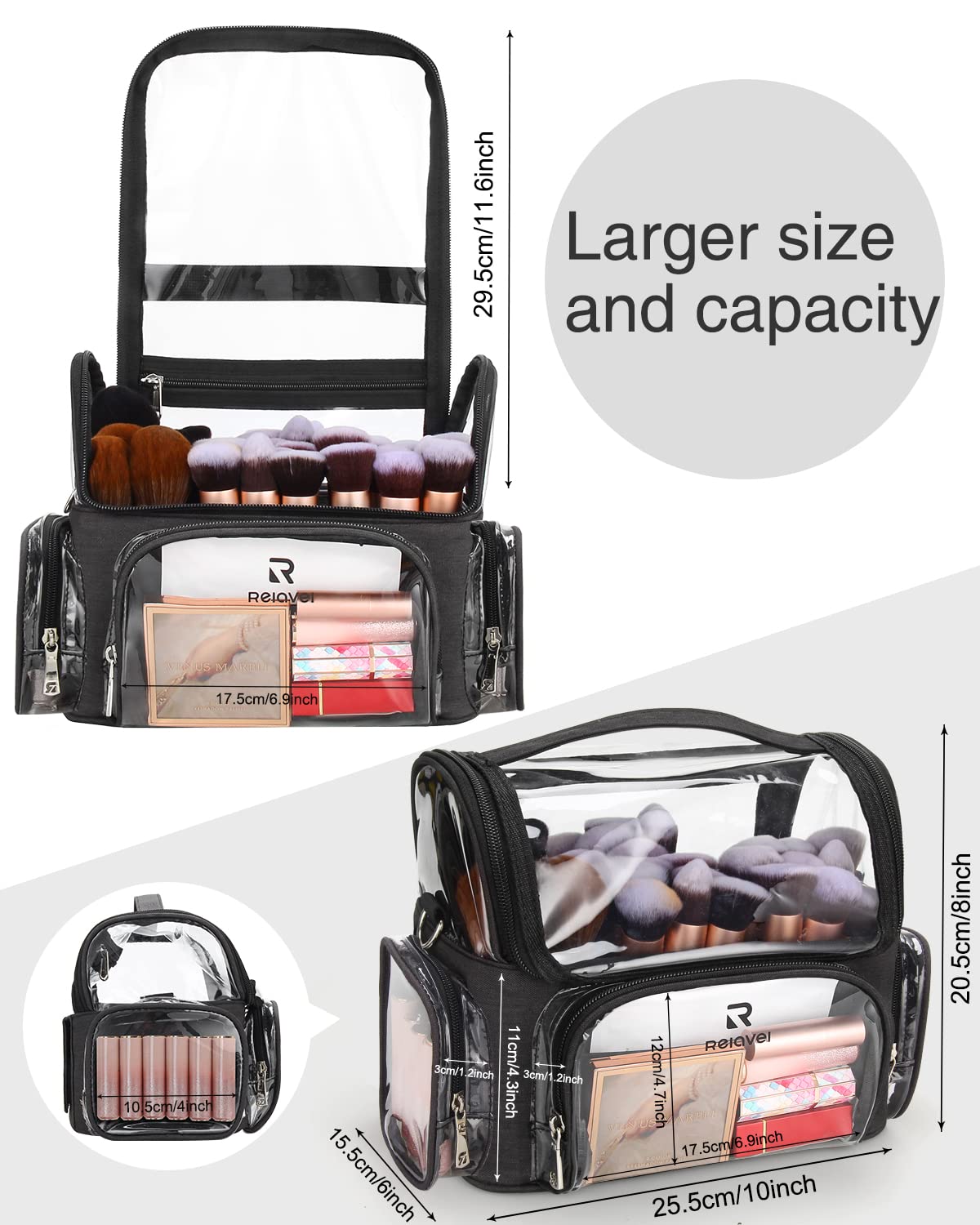 Relavel Extra Large Makeup Case & Brush Holder - Professional Cosmetic Organizer Bag with Adjustable Dividers, Shoulder Strap - Perfect for Travel, Salon & Home Storage (Black)