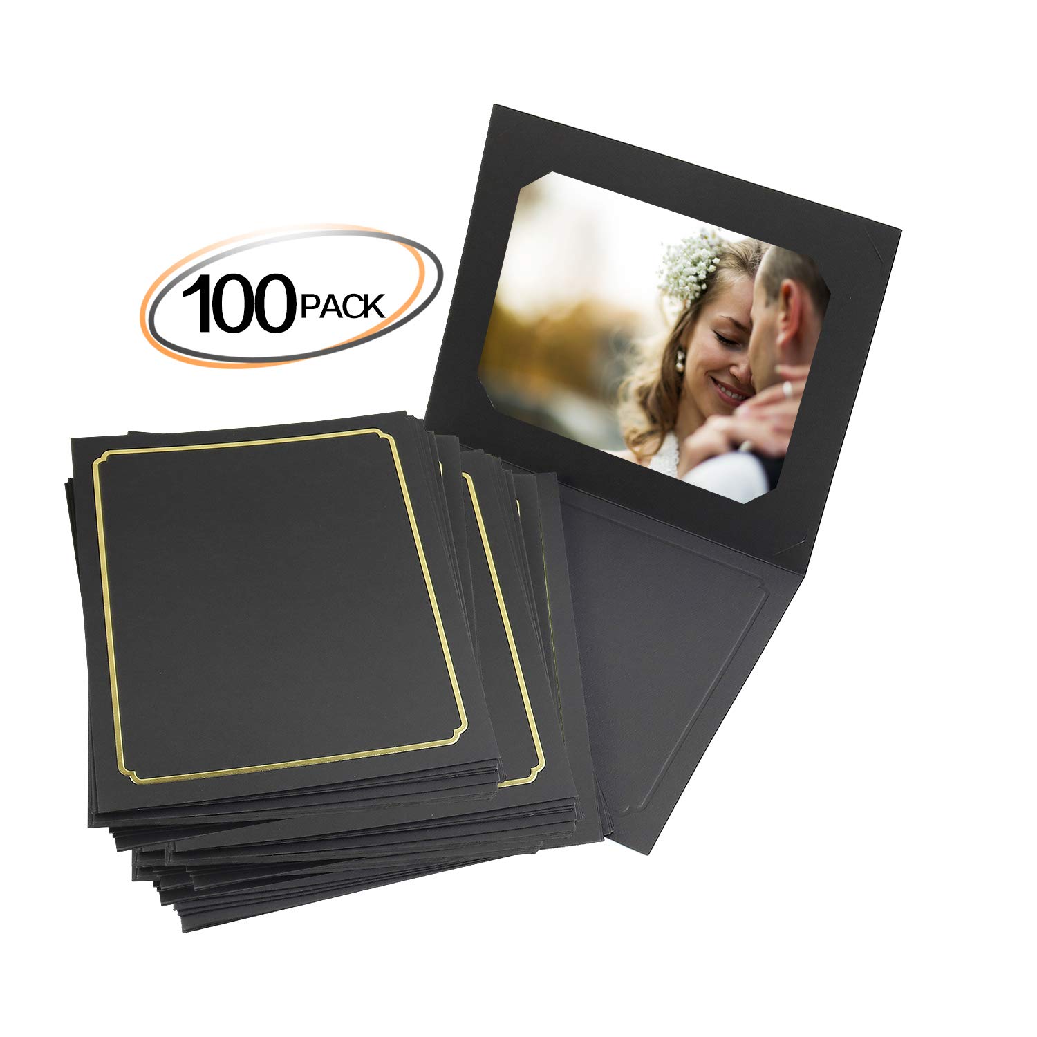 Golden State Art 100-Pack 6x8 or 8x10 Photo Folders - Cardboard Picture Frames & Paper Frame Cards for Greetings & Invitations - Perfect for Graduation, Christmas, Wedding Events (Black) - Display Memories & Special Moments in Style