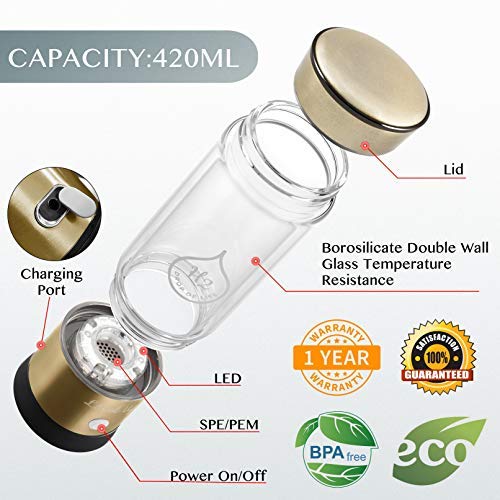 LevelUpWay 2025 Hydrogen Water Bottle Generator - SPE PEM Ionic Membrane Technology - 13oz High Borosilicate Glass Bottle (Gold) - Premium Alkaline Hydrogen Water Maker for Home, Office, Gym & Travel Hydration