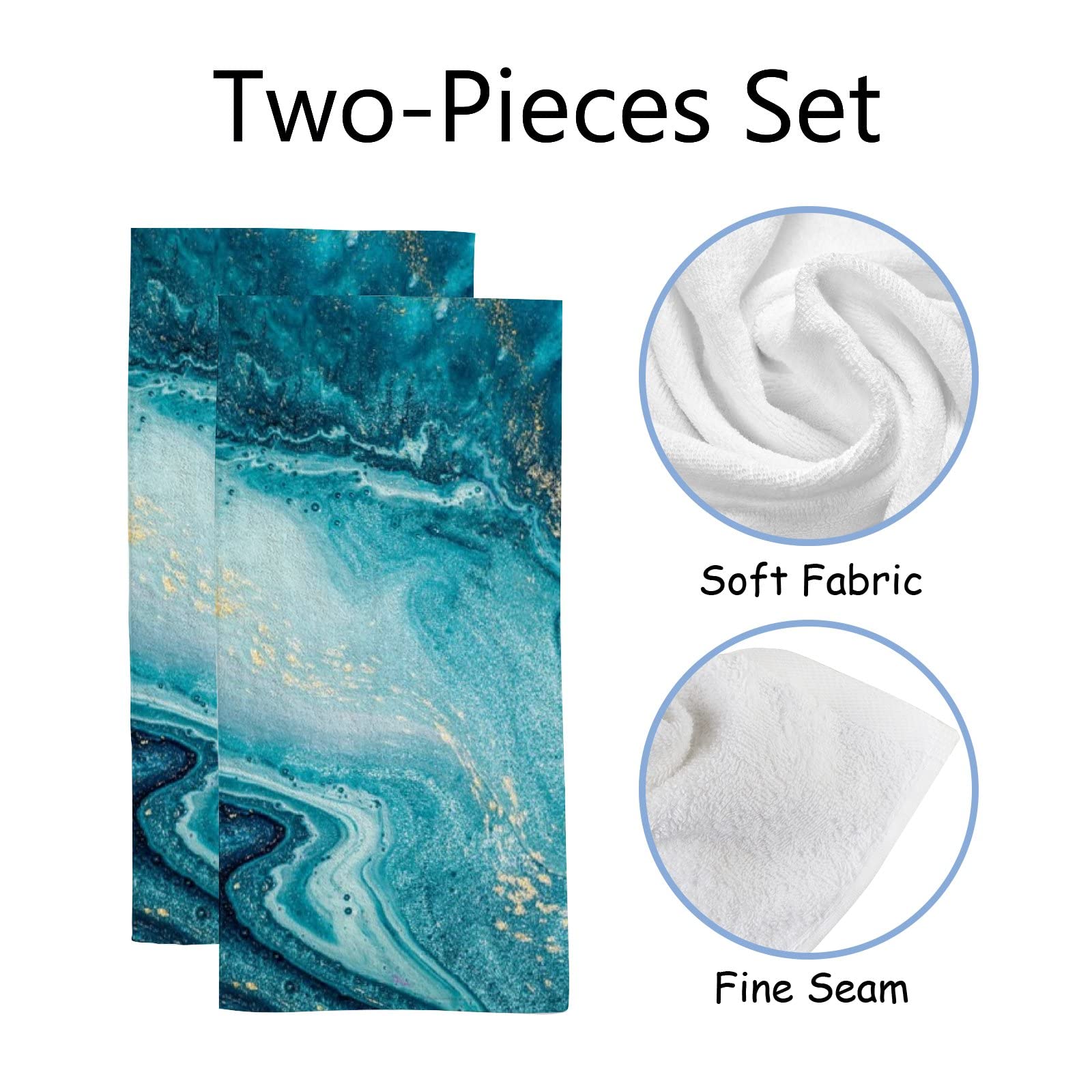 Premium Marble Striped Hand Towel Set - 2-Piece Soft Absorbent Bath & Kitchen Towels for Bathroom, Gym, Yoga, Sports | Ocean Blue & Gold Washcloths for Face & Dishes