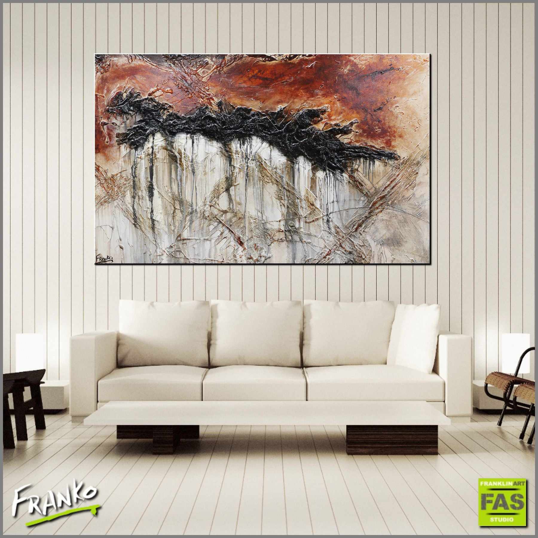 160cm x 100cm Abstract Painting in White, Brown & Rust - Modern Leather Texture Wall Art for Living Room, Bedroom & Office Decor