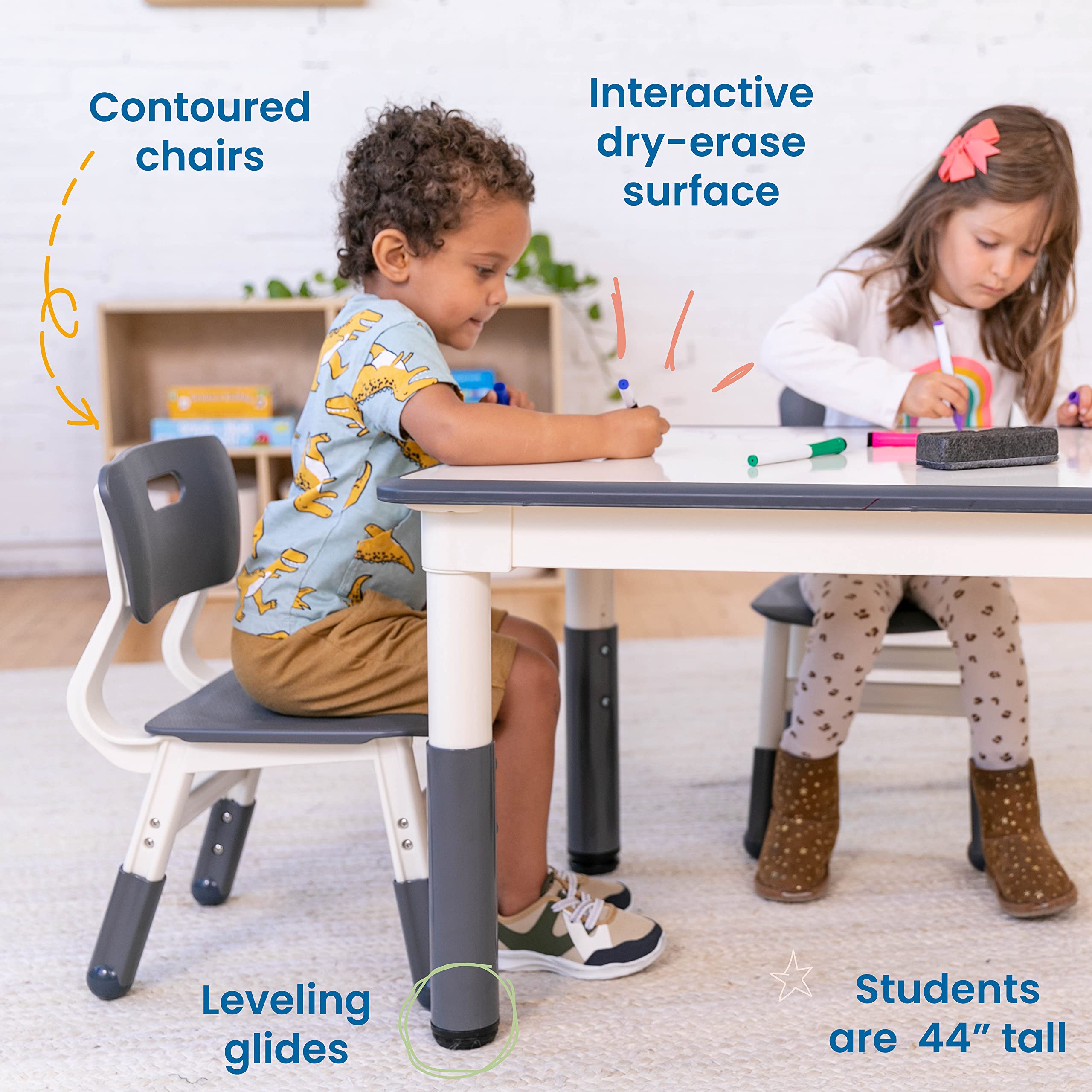 ECR4Kids Adjustable Dry-Erase Activity Table with 2 Chairs - Kids Study & Play Furniture Set for Classroom & Home Learning - Grey