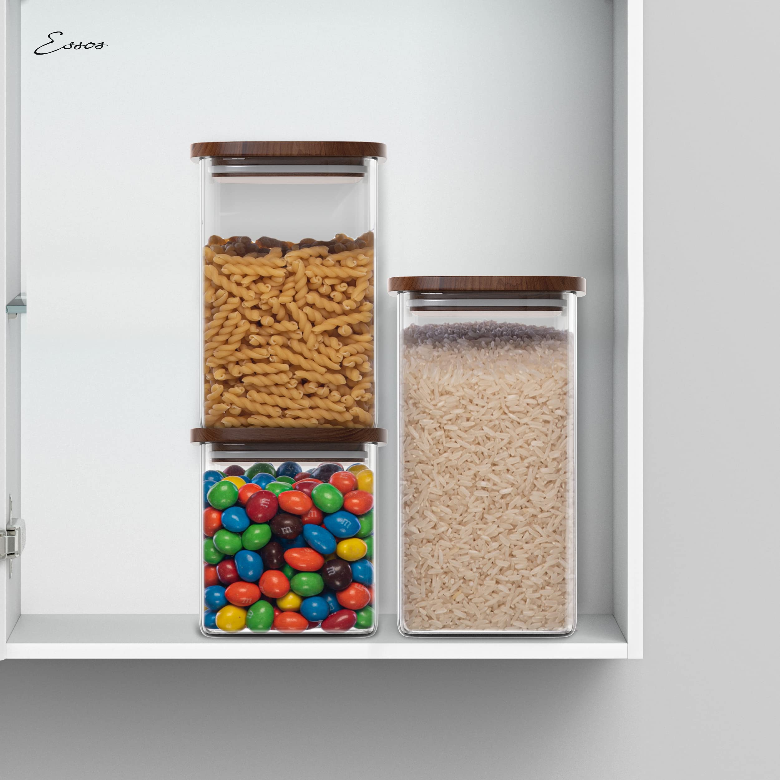 Square Glass Jars with Wood Lids - Set of 4 (24oz) Airtight & Stackable Food Storage Containers | BPA-Free, Recyclable Canisters for Coffee, Cookies, Pasta, Sugar | Perfect for Kitchen Pantry Organization & Home Decor
