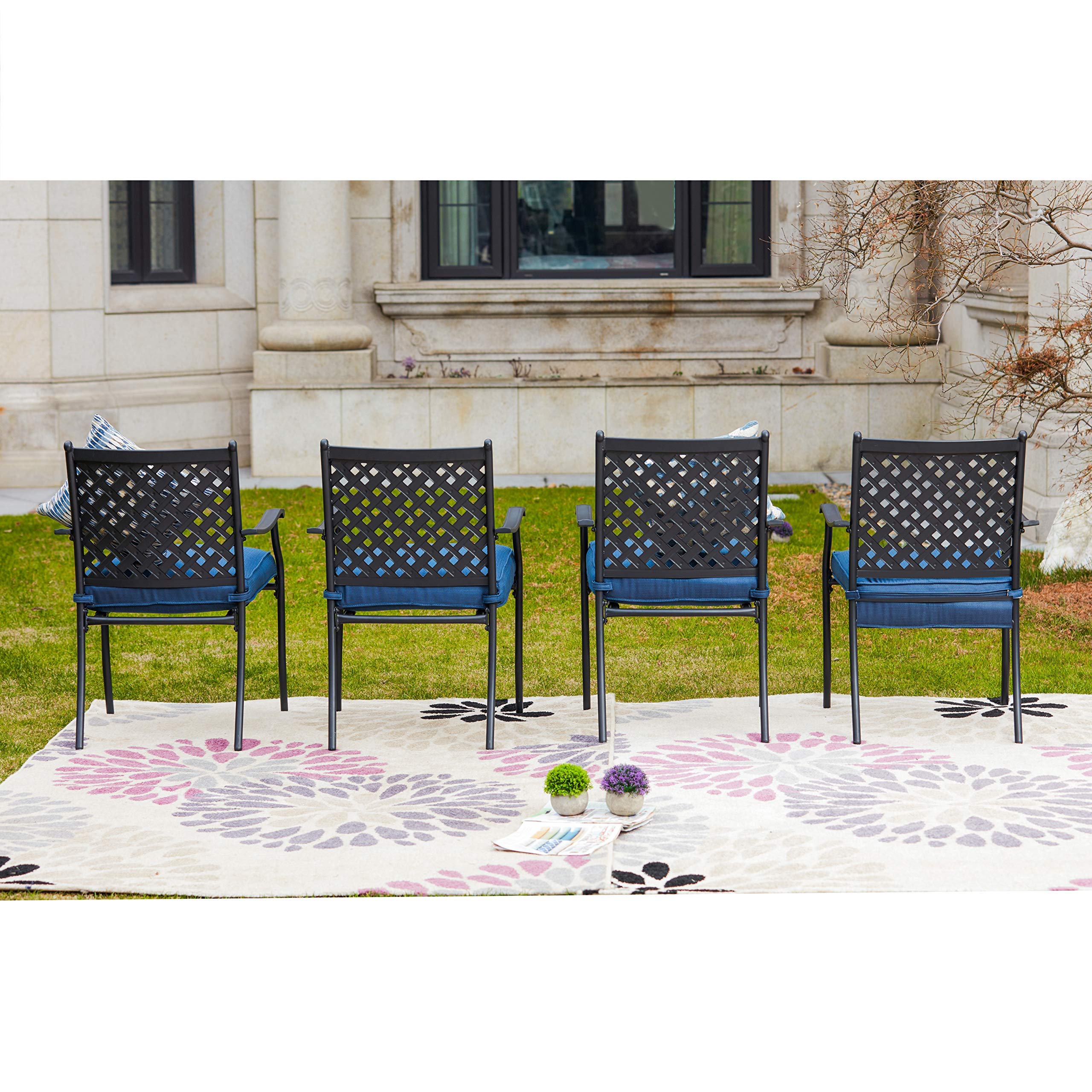 LOKATSE HOME 4-Piece Outdoor Dining Set - Wrought Iron Patio Chairs with Armrests & Cushions, Blue Metal Garden Furniture for Poolside, Backyard, Patio & Outdoor Entertaining