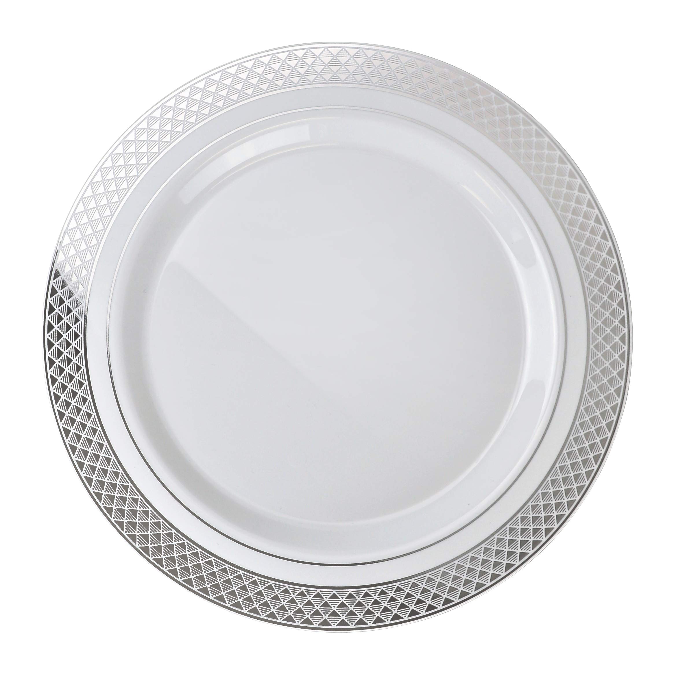 60 Heavyweight Disposable Plastic Plates for Wedding & Party - 10.5'' Elegant White & Silver Dinner Plates - Perfect for Celebrations, Banquets, and Special Events