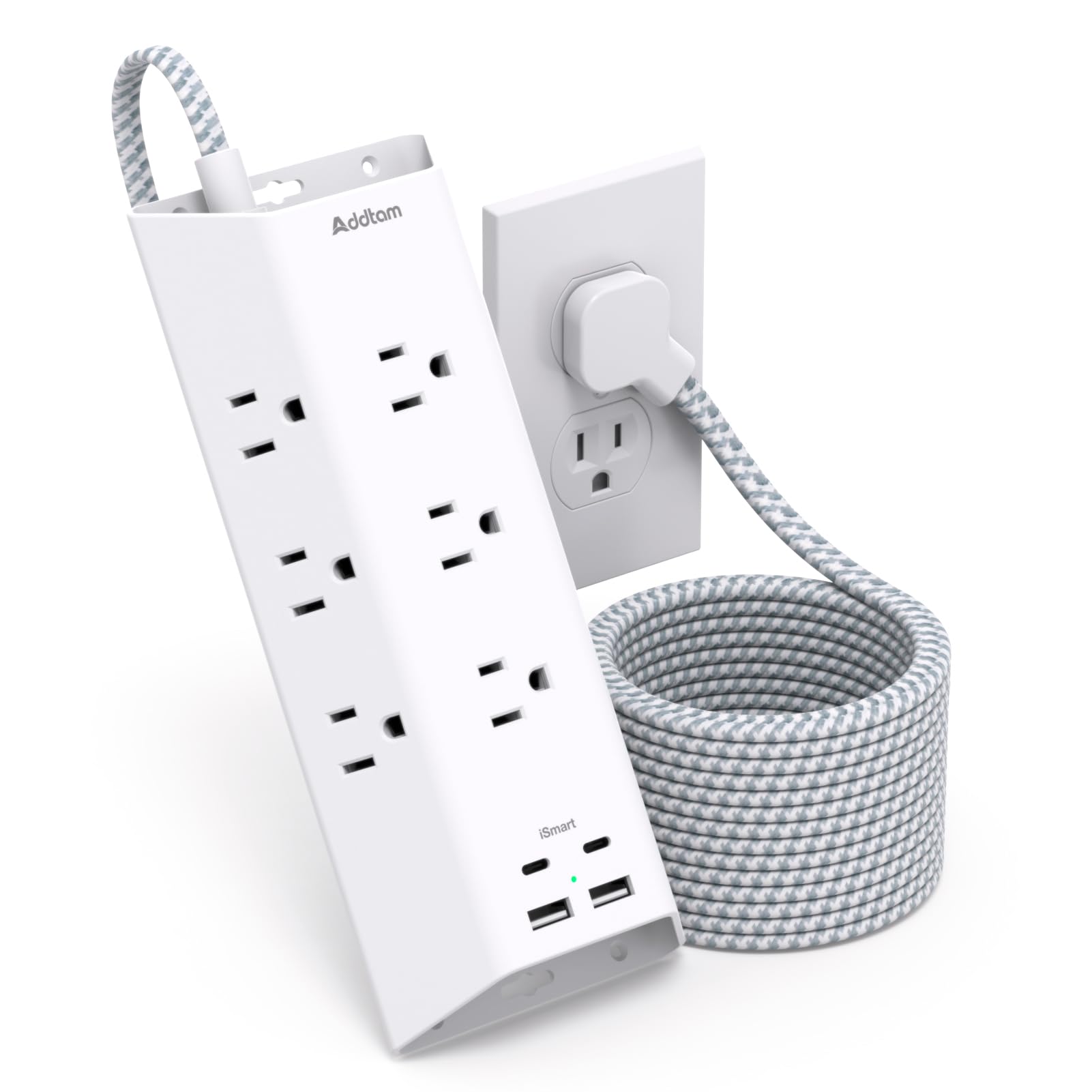 Addtam Surge Protector Power Strip with 4 USB Ports (2 USB-C) - 9 Outlet Extension Cord, 5ft Flat Plug for Home Office, Dorm Room | Essential Charging Station for Computers, Phones & Devices