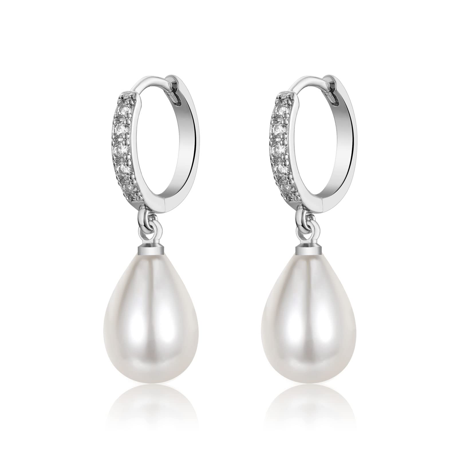 925 Sterling Silver Pearl Drop Hoop Earrings for Women | Hypoallergenic Teardrop Round Pearl Dangle Earrings with AAA+ Cubic Zirconias | Elegant Jewelry Gift for Birthday, Wedding & Special Occasions | Perfect for Office, Party & Date Night