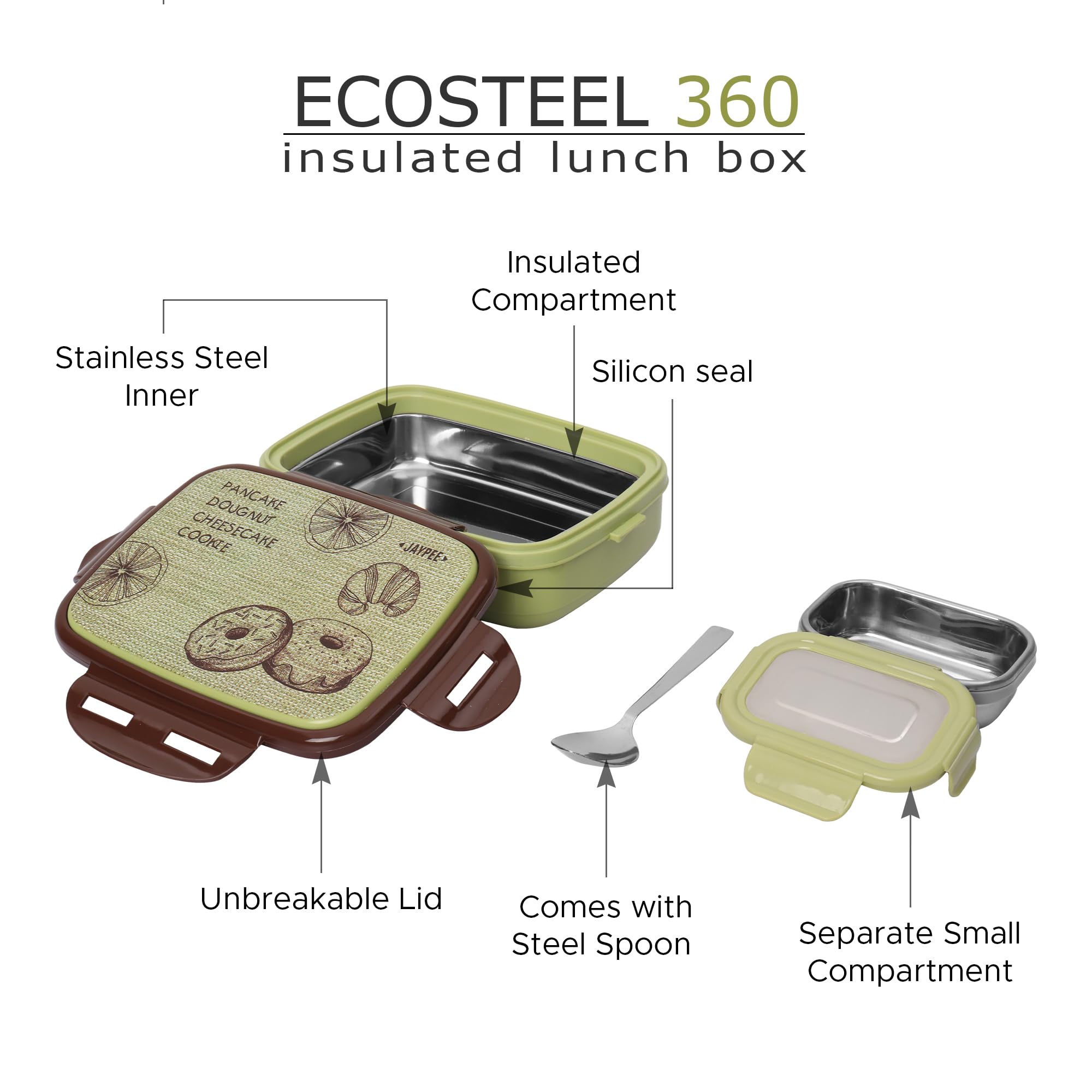 Jaypee Ecosteel Sr Green 650ml Airtight Leak-Proof Lunch Box with Spoon - Lightweight & Easy to Clean Bento Box for Kids, School & Office - Perfect for Meal Prep, Snacks, Picnics & Travel