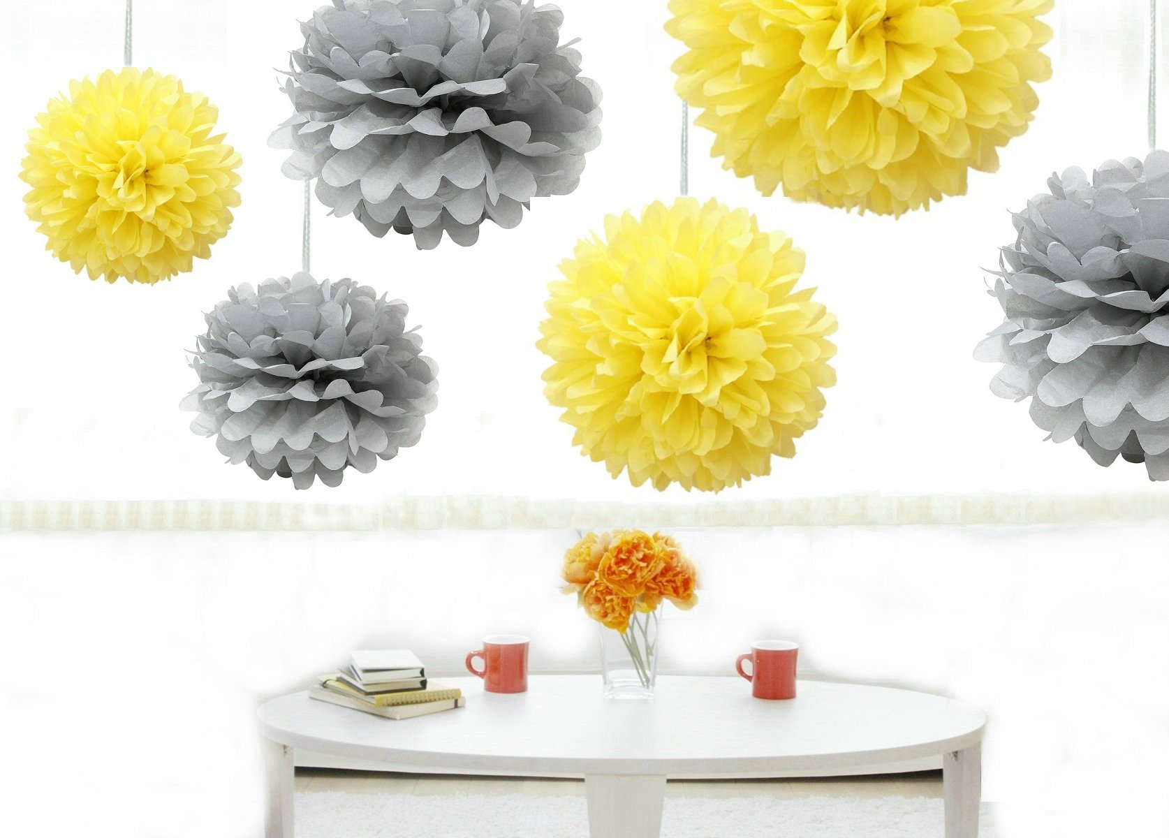 Kubert® Tissue Paper Pom Poms - 12 Pack Yellow & Silver Pom Poms in 3 Sizes for Wedding, Baby Shower & Party Decorations | DIY Pom Pom Flowers Kit for Mother's Day, Home & Craft Decor
