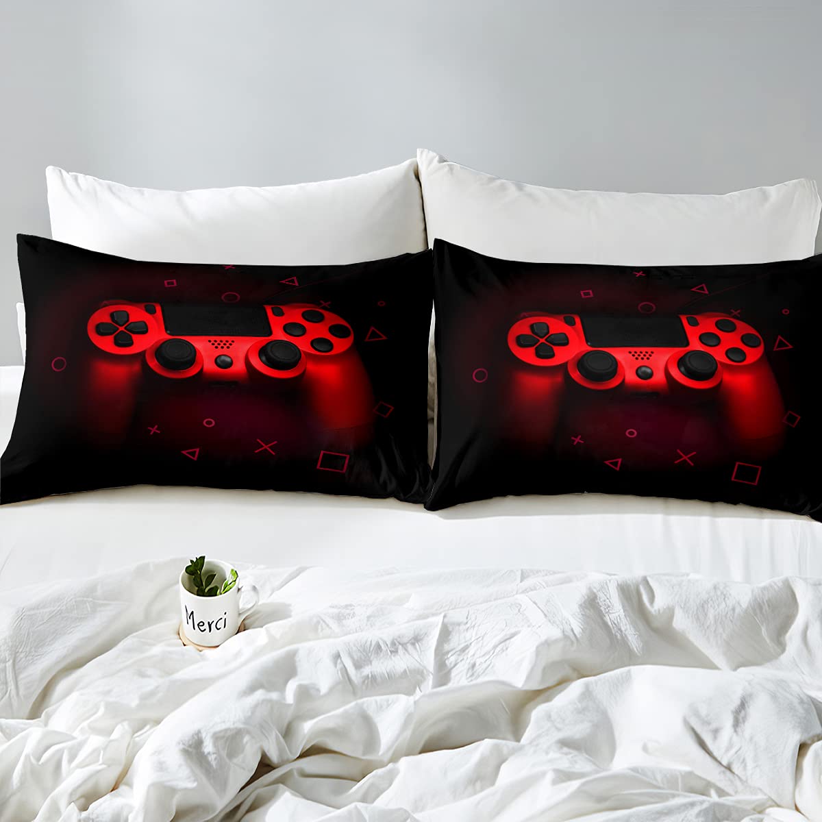 Cool Gaming Bedding Set for Boys & Girls - Twin Size Red Gamepad Printed Sheet Set with Fitted Sheet, Flat Sheet & Pillowcase - Perfect for Teen Game Room Decor, Video Game Themed Bedroom - Retro Black Design for Young Gamers