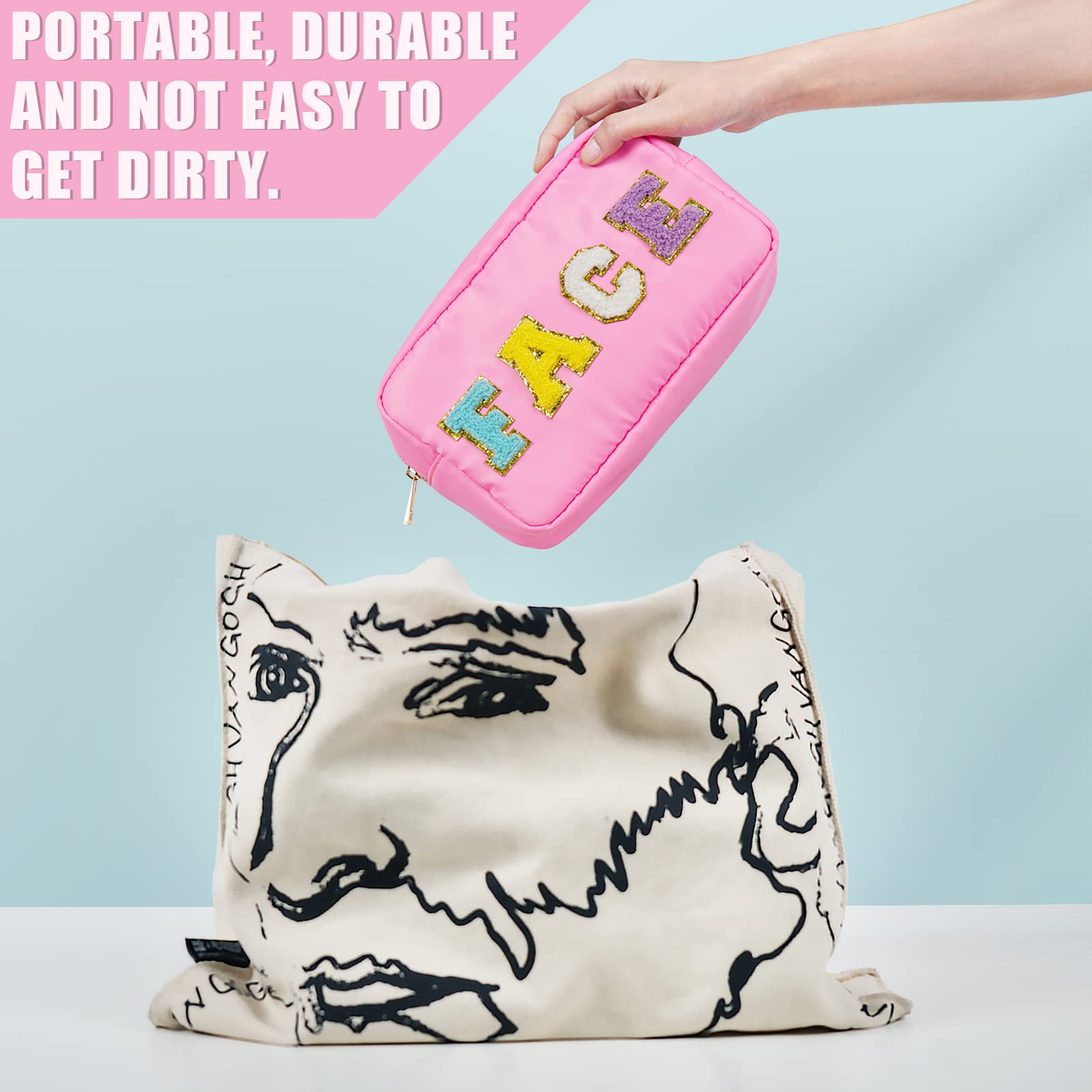 Preppy Patch Makeup Bag - Nylon Cosmetic Organizer with Zipper & Varsity Chenille Letters - Travel Toiletry Case for Women & Men - Perfect for Valentine's Day Gifts, School Supplies, and Travel Essentials