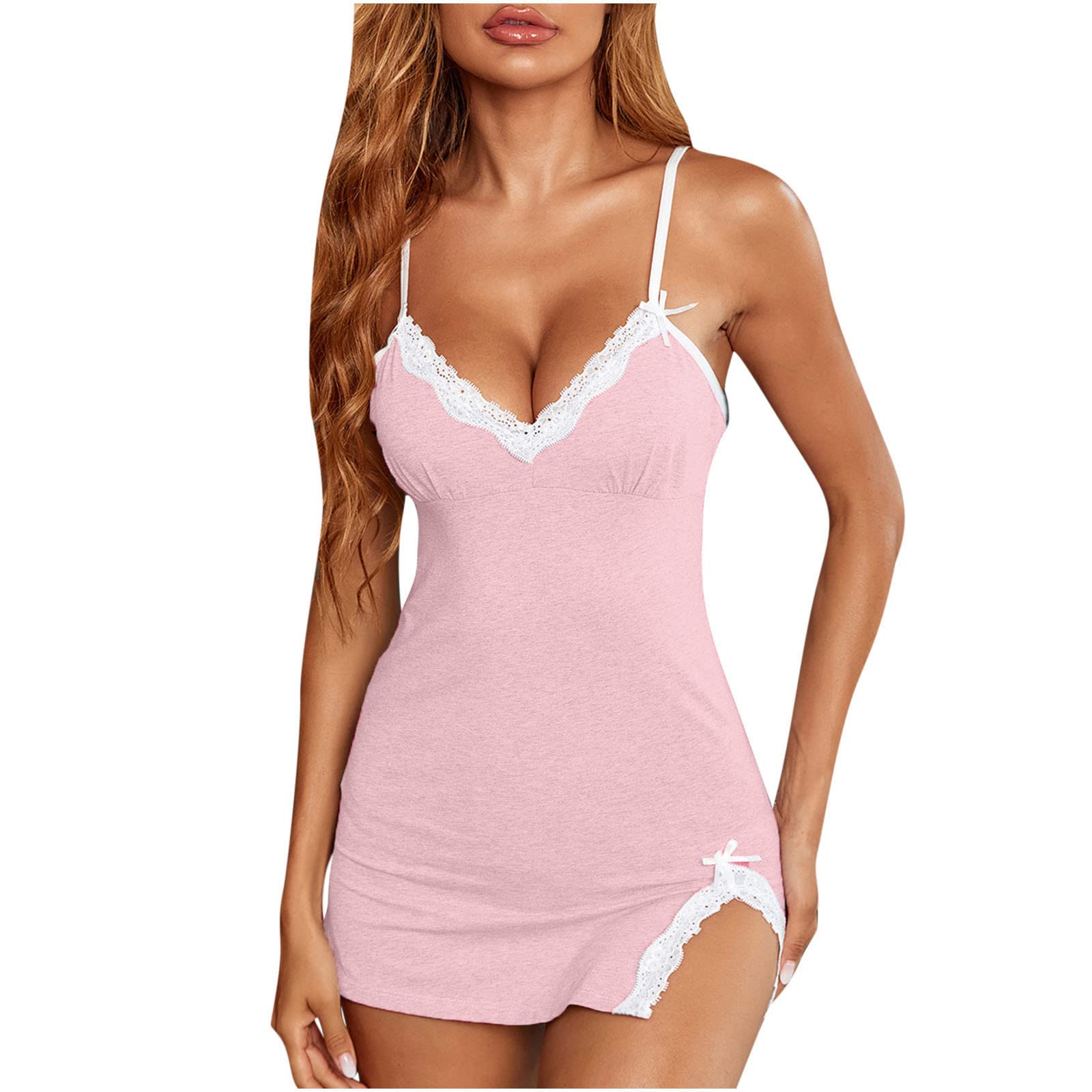 Sexy Lingerie for Women - Deep V Neck Lace Chemise Nightgown, Soft Cotton Sleepwear, Valentine's Day Lingerie Set in Pink - Perfect for Romantic Nights & Special Occasions