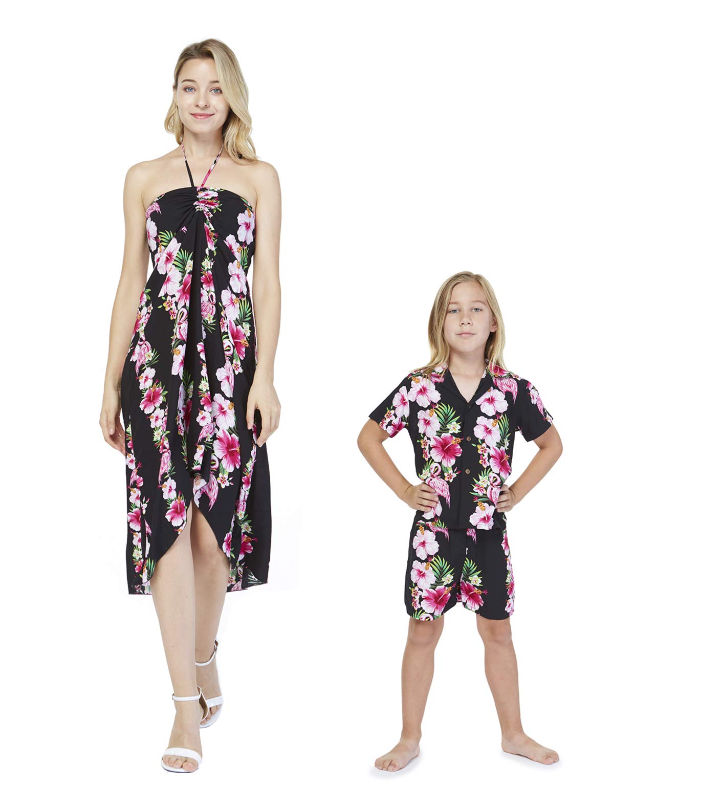 Stylish Matching Mother & Son Hawaiian Luau Outfits - Pink Hibiscus Vine Aloha Shirt & Dress Set | Perfect for Family Beach Vacations, Luau Parties & Summer Photoshoots