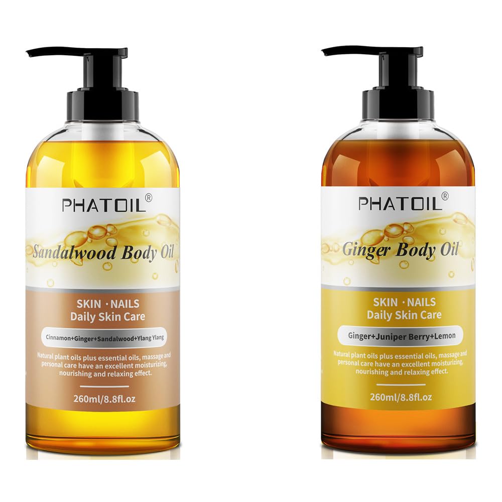 Premium Sandalwood & Ginger Body Oil 260ml - Large Bottle for Deep Skin Moisturizing & Hydration | Perfect for Massage, Aromatherapy & Daily Skincare Routine