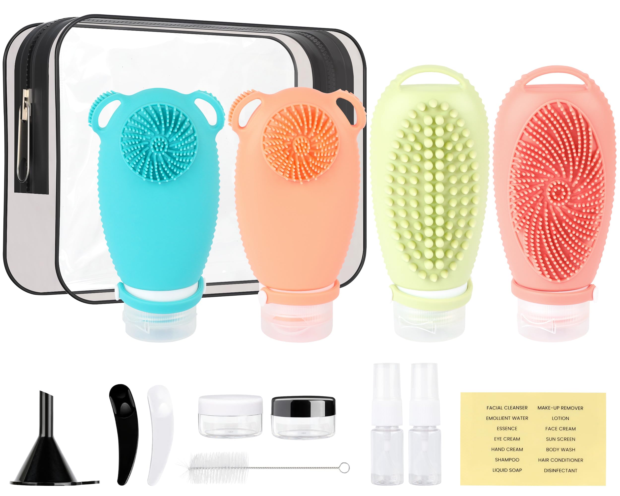 12PC Silicone Travel Bottles Set - TSA Approved Leakproof Toiletries Containers for Shampoo, Face Wash & Bath Essentials | Portable Squeeze Bottles with Massage Function for Vacation, Gym & Camping