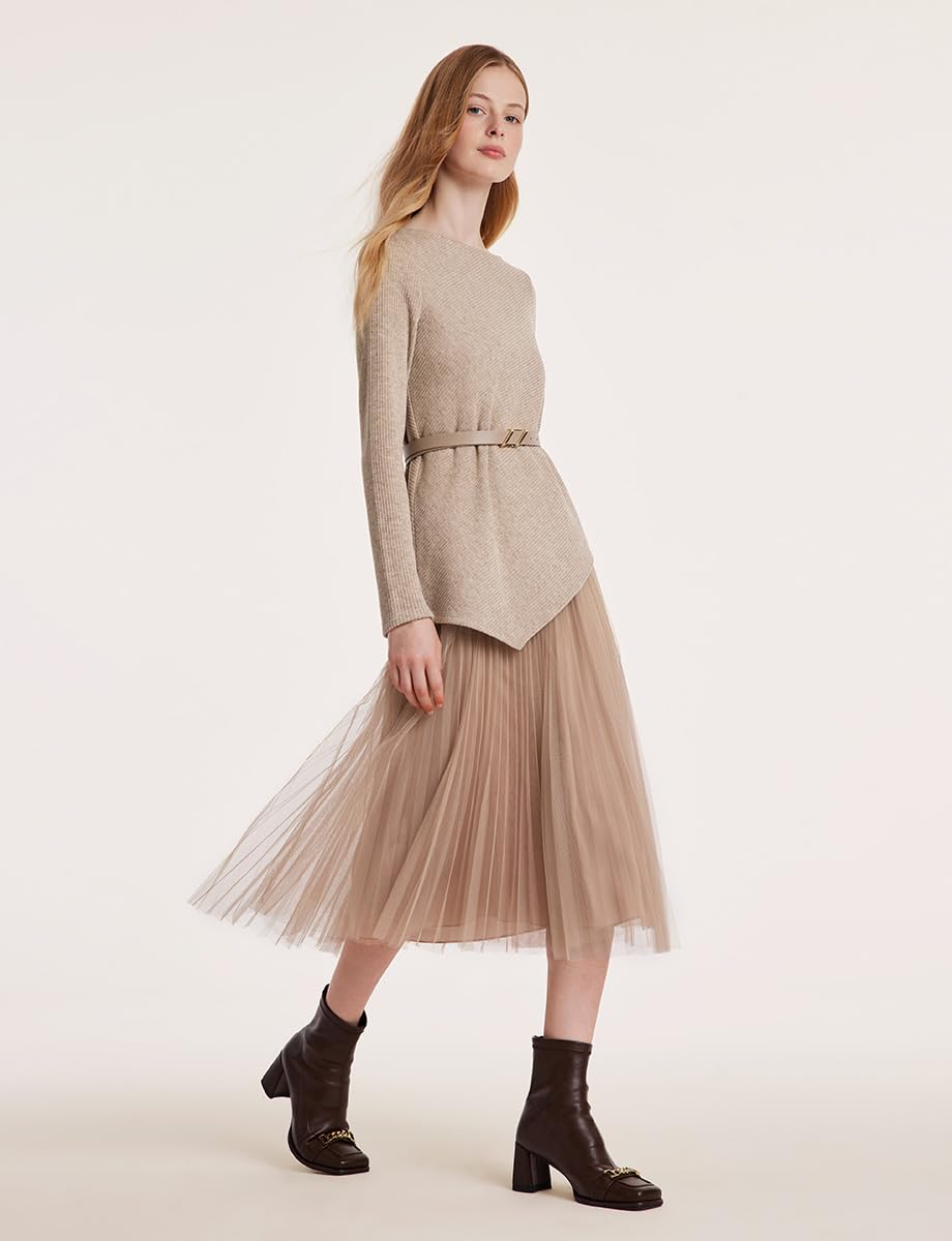 Trendy 2023 Women's Long Sleeve Pullover Top & Tulle Skirt Set with Belt - Elegant Outfit for Party, Date Night & Special Occasions