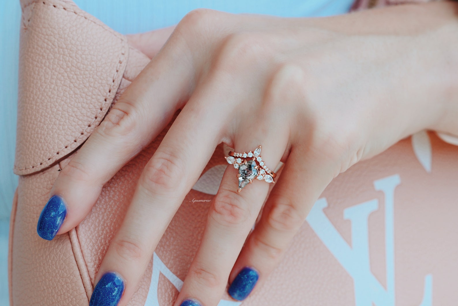 Skye Kite™ Galaxy Salt & Pepper Diamond & Meteorite Couples Ring Set - Herkimer Diamond Engagement Rings for Women & Men, Unique Matching Wedding Bands for Couples, Perfect Anniversary Gift for Him & Her
