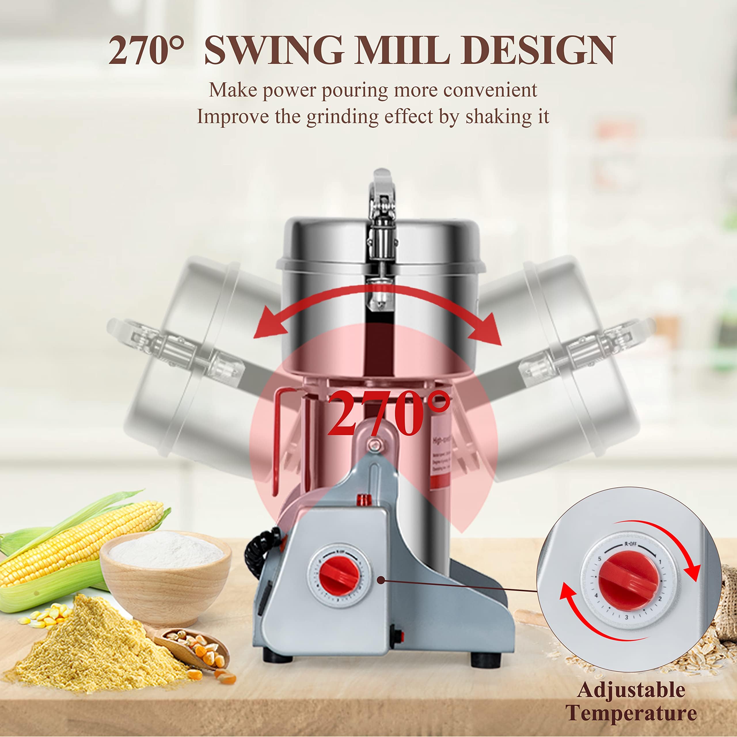 750W Electric Grain Grinder & Spice Mill - 304 Stainless Steel Commercial Grinding Machine for Coffee, Herbs, Rice & Pepper - High Speed 2600 RPM Kitchen Appliance for Home & Restaurant Use
