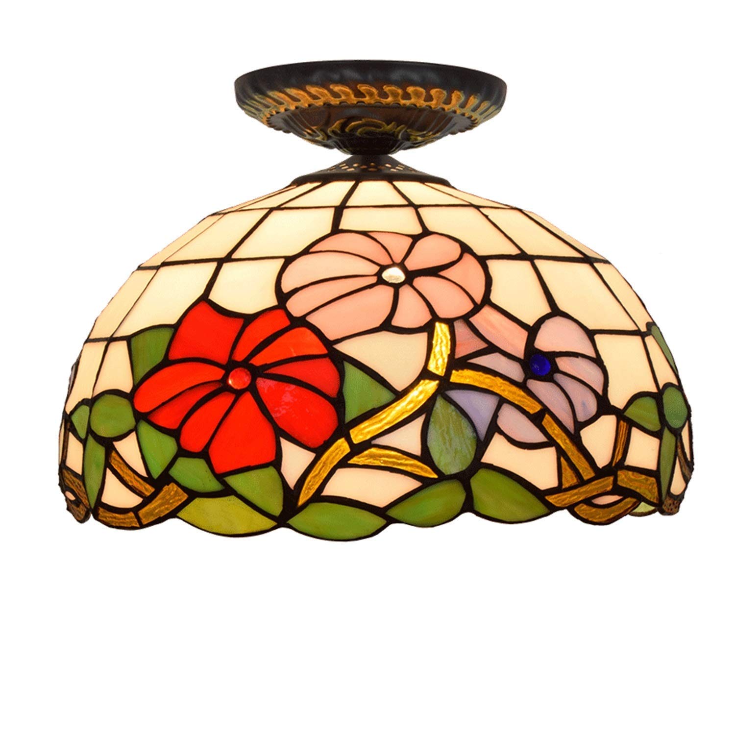 ZXY-NAN 12 Inch Semi Flush Mount Tiffany Style Ceiling Light with Morning Glory Glass Shade - Elegant Living Room Lighting, Bedroom & Hallway Illumination, Vintage Candle Chandelier for Home Decor