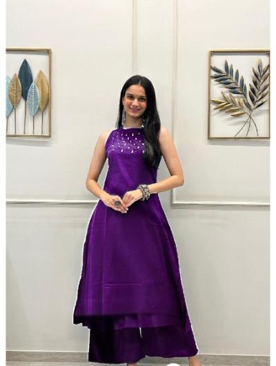 Violet Embroidered Cotton Co-Ord Set with Kurta & Pant (2-Piece Outfit) for Women - Ethnic Indian Wear for Festivals, Weddings & Special Occasions